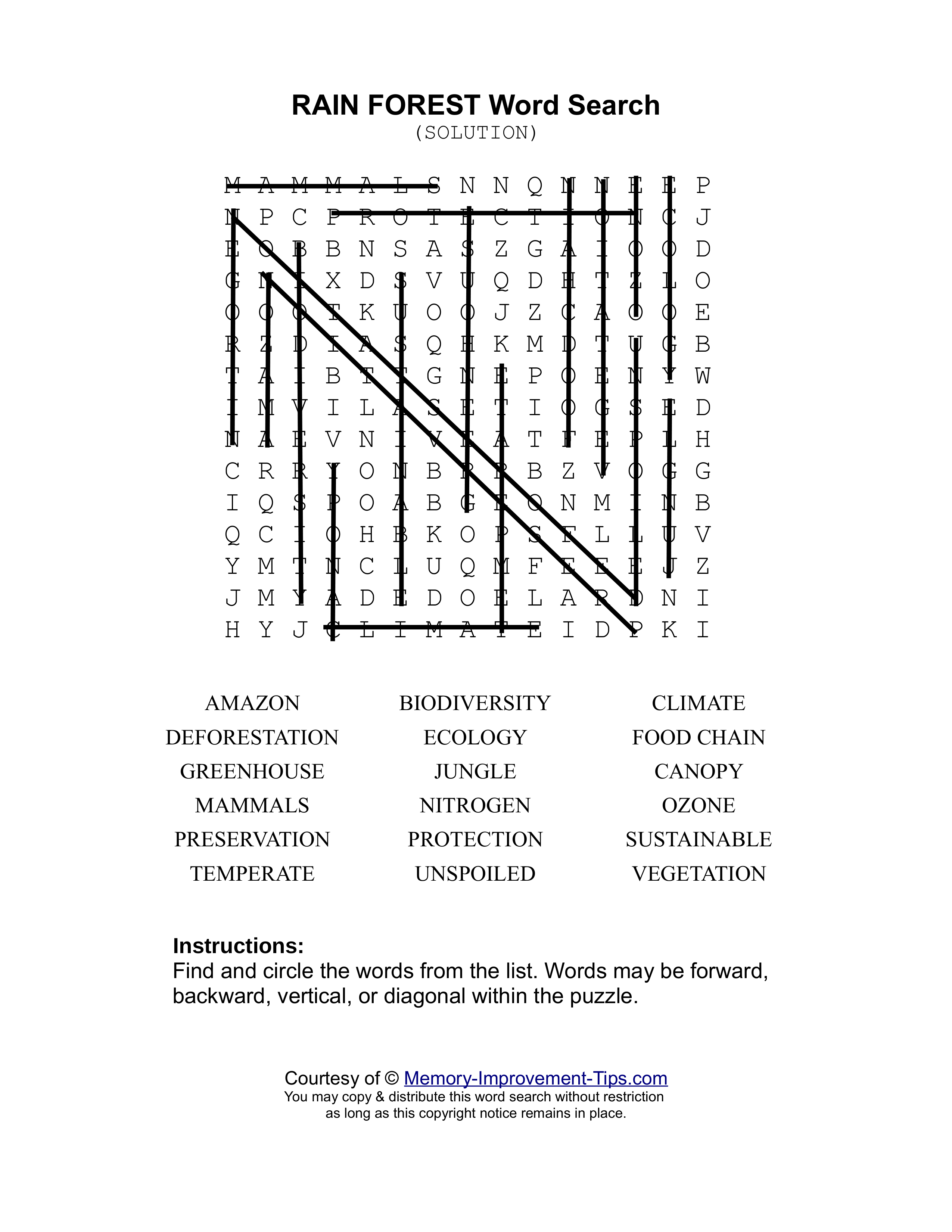 Rain Forest word search printable solution