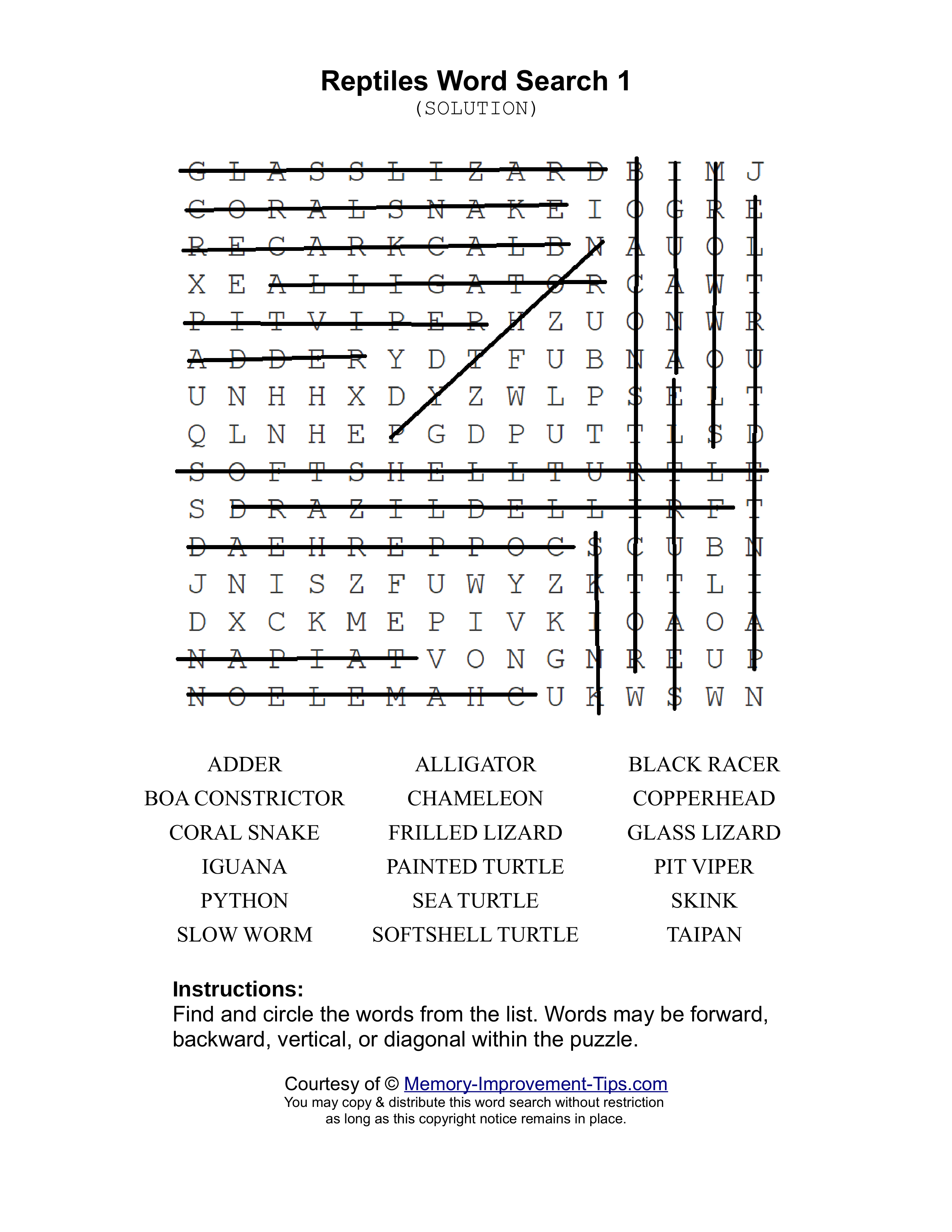 Reptiles 1 word search printable solution
