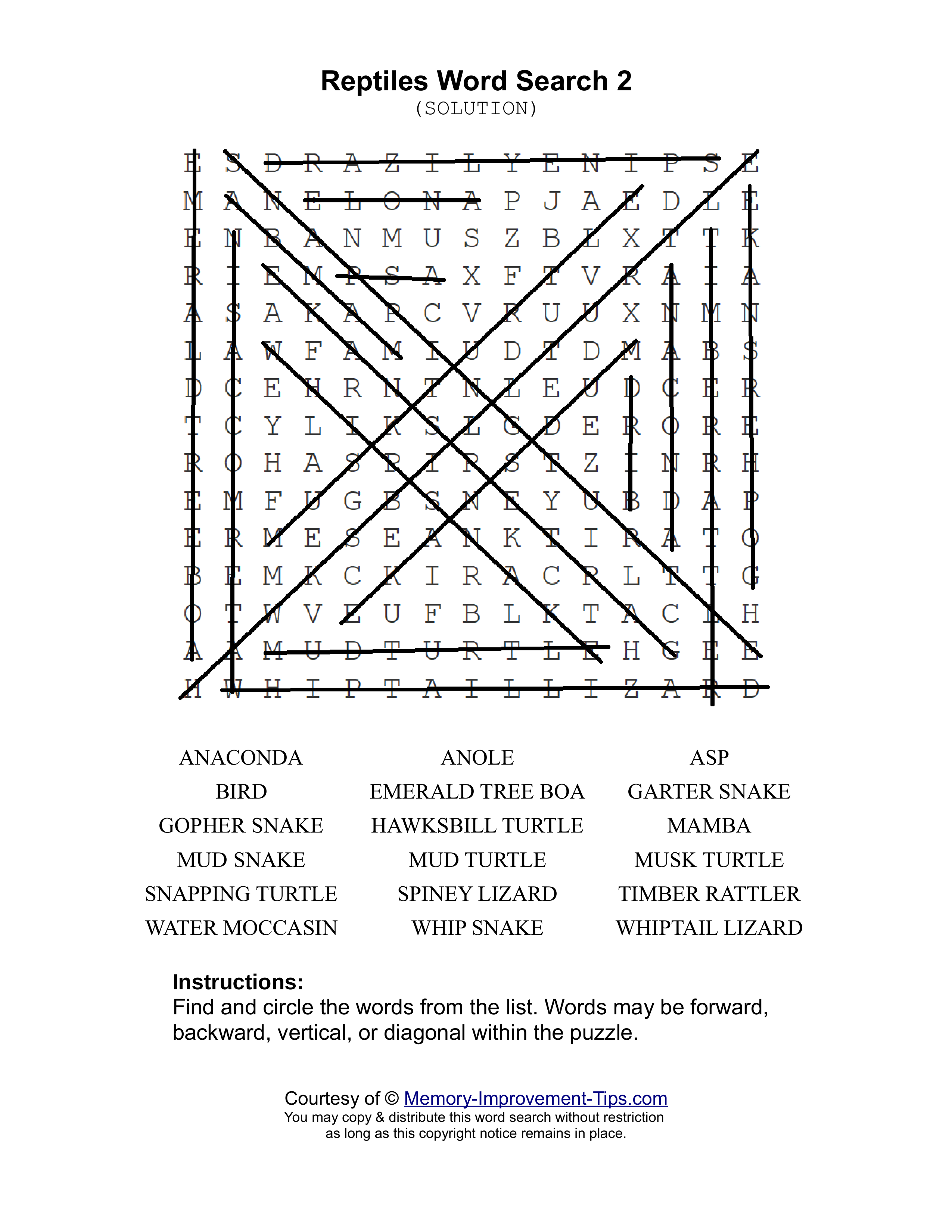 Reptiles 2 word search printable solution