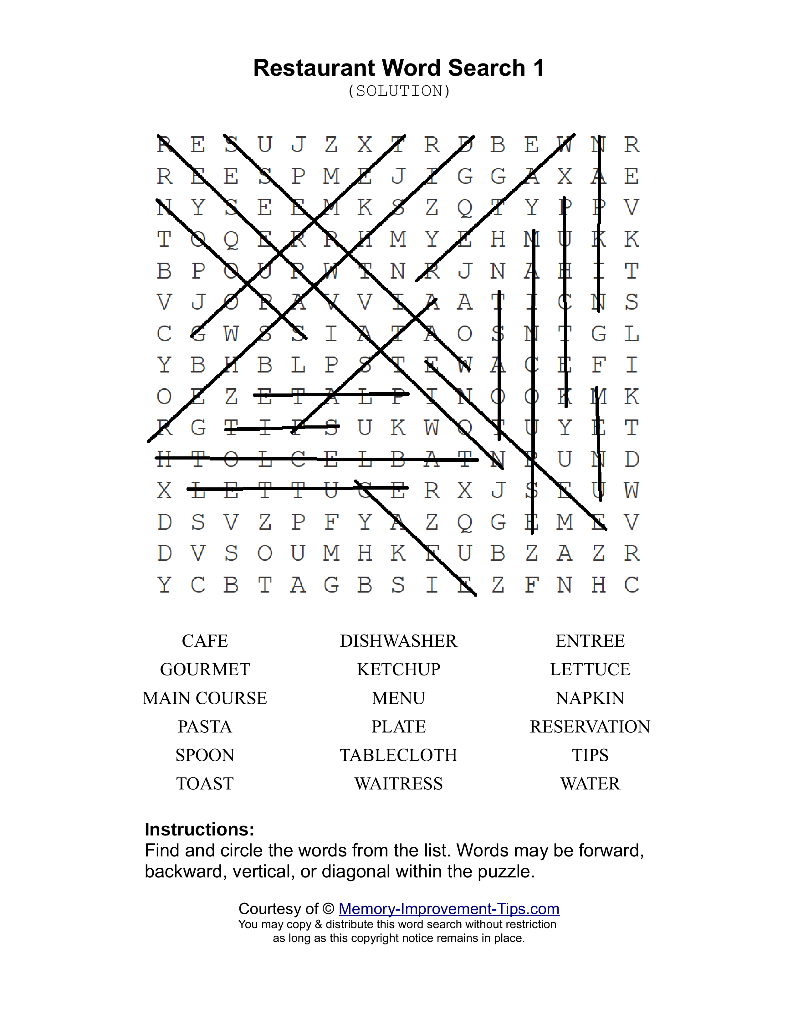 Restaurant 1 word search printable solution