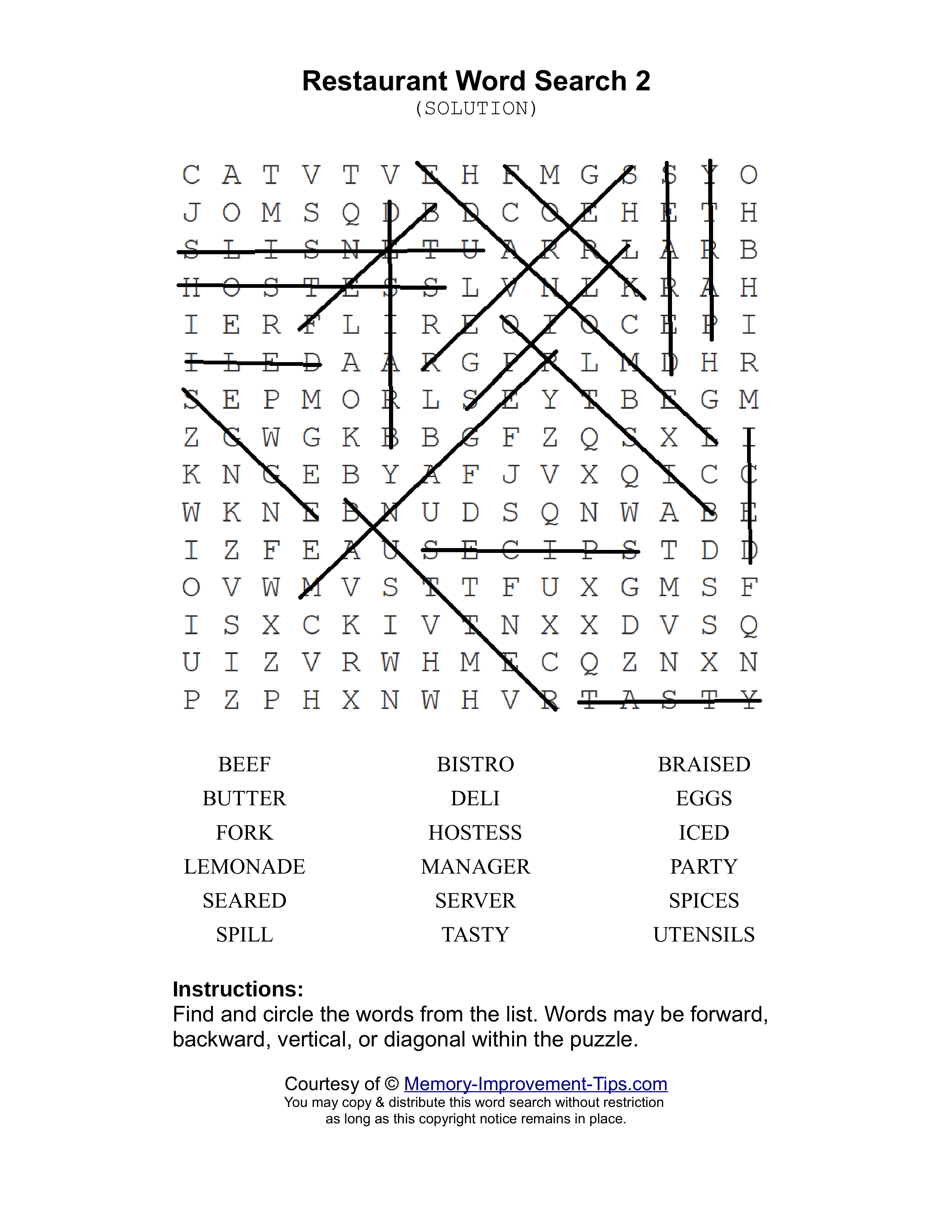 Restaurant 2 word search printable solution