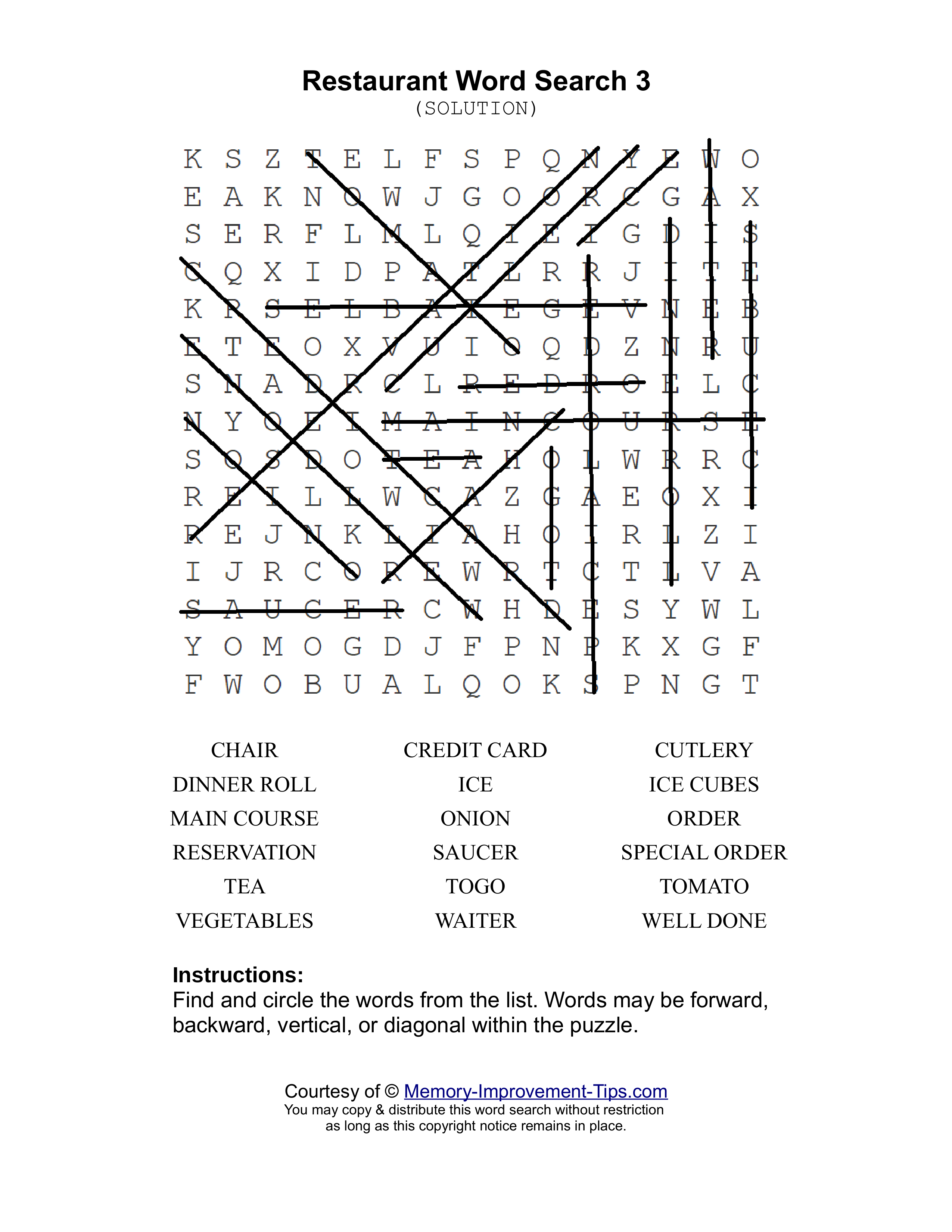 Restaurant 3 word search printable solution