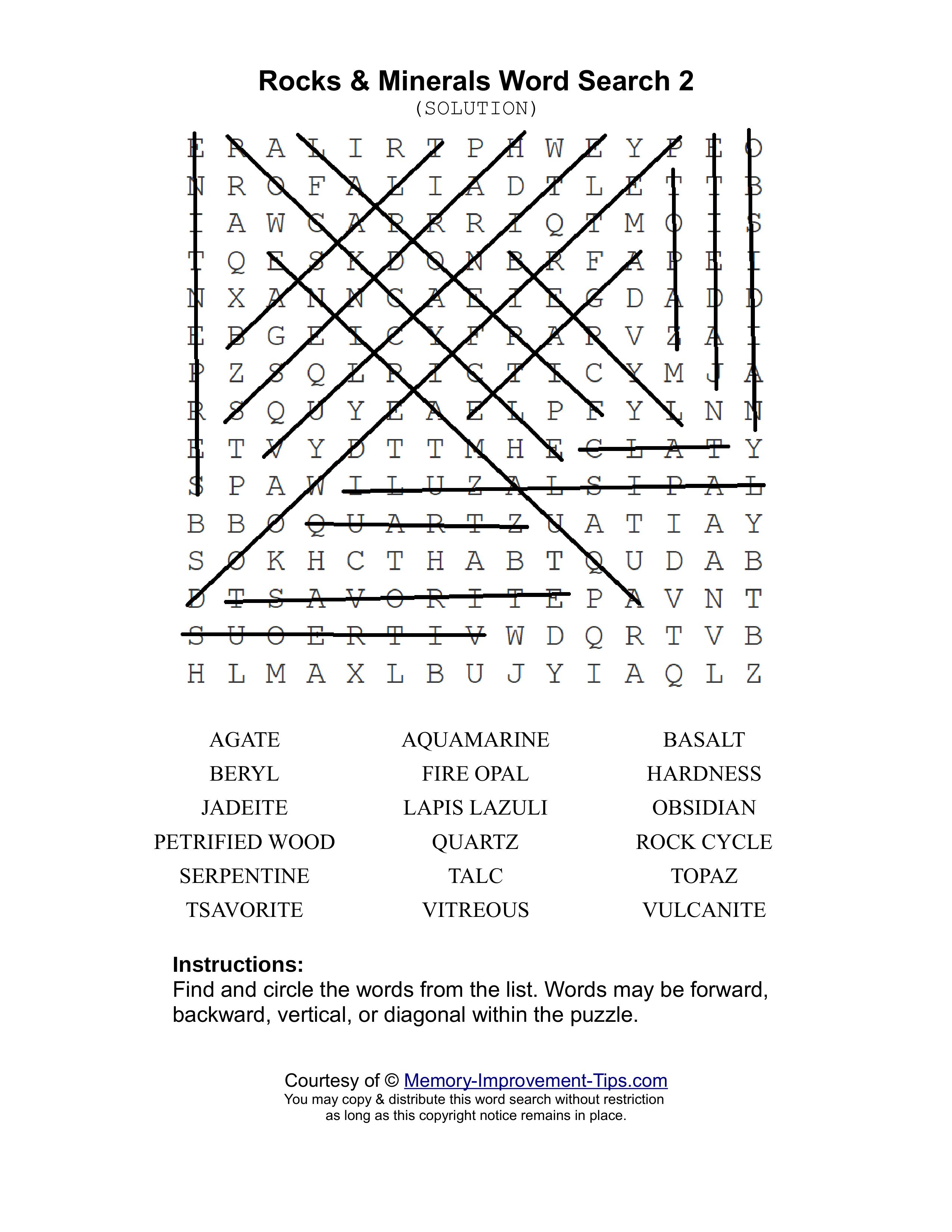 Rocks & Minerals 2 word search printable solution