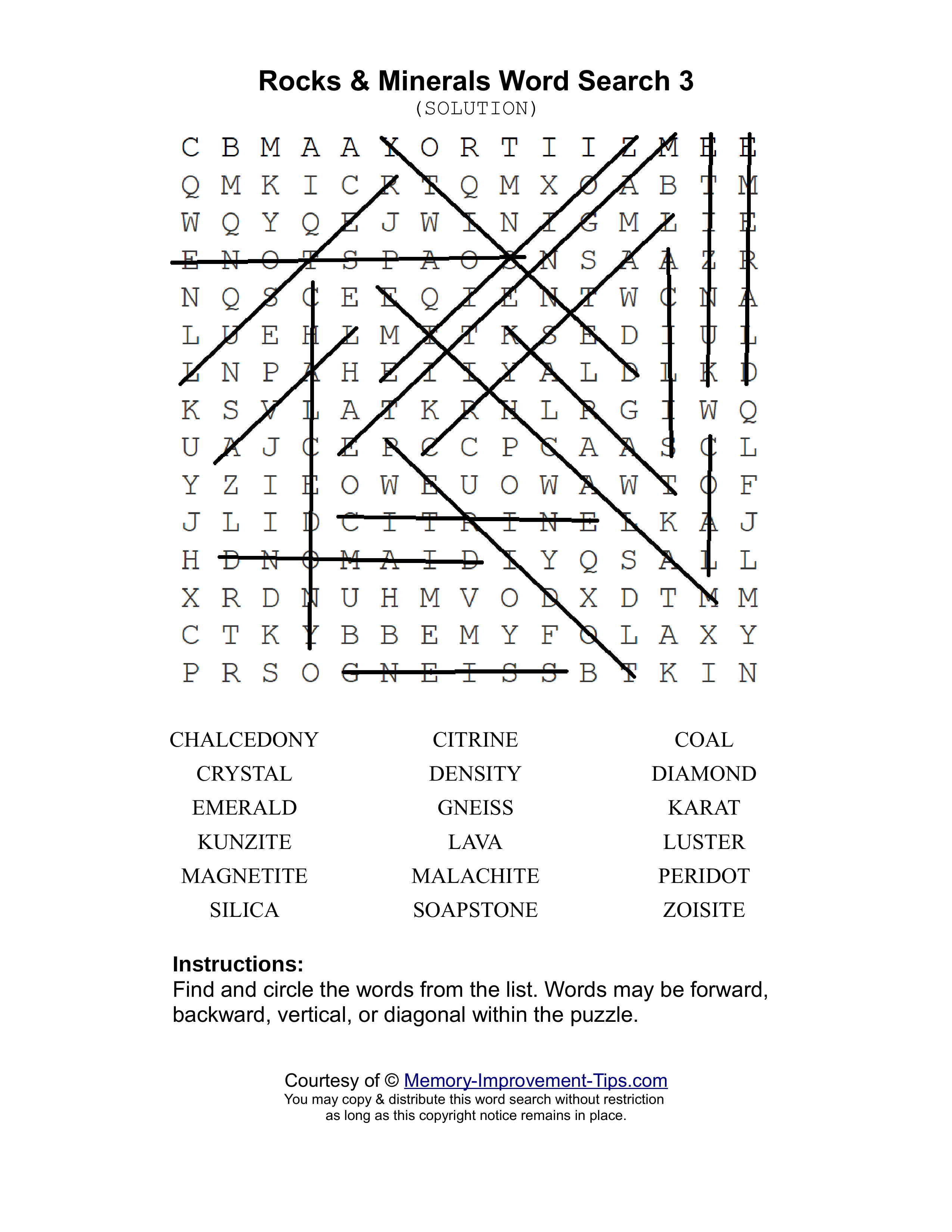 Rocks & Minerals 3 word search printable solution