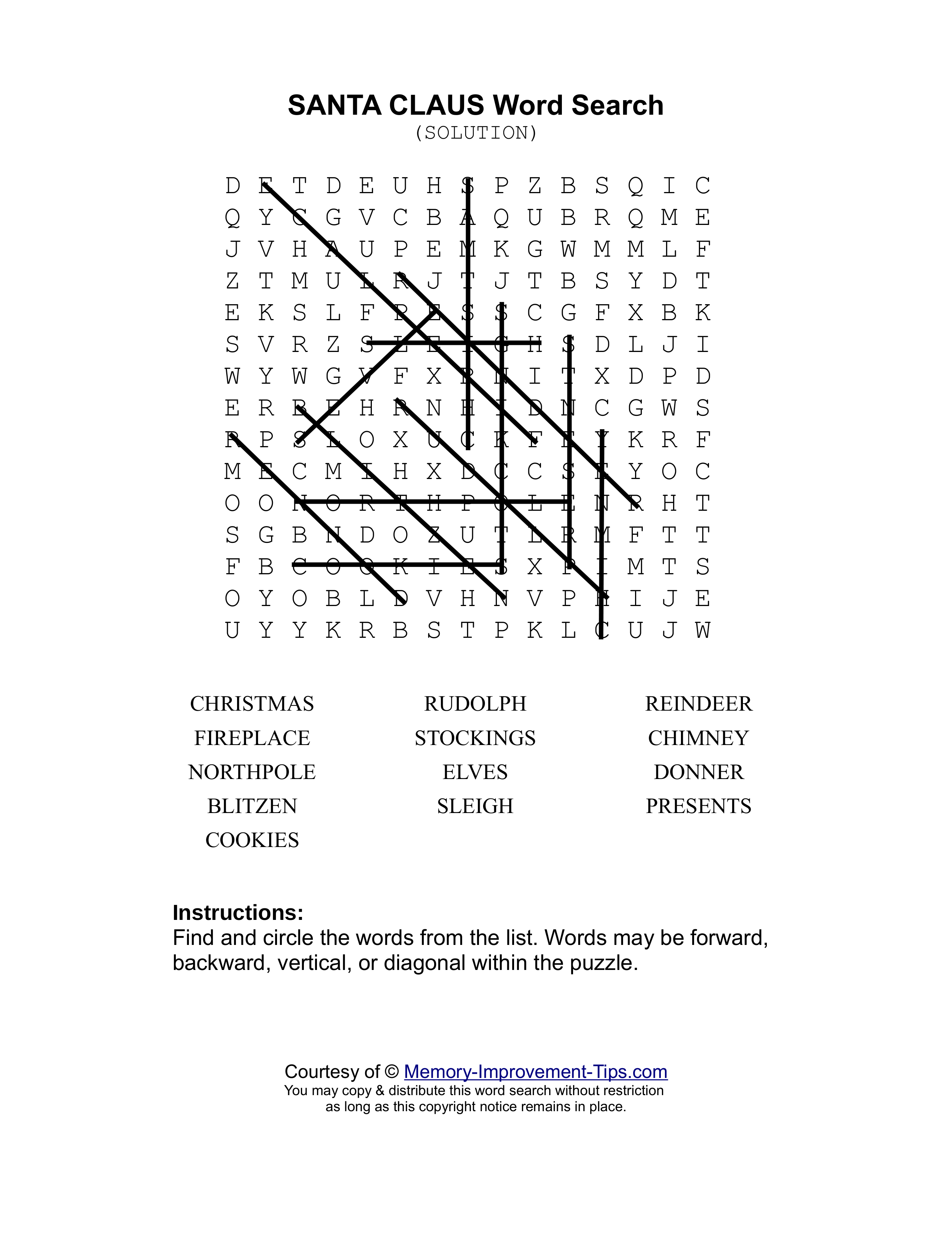 Santa Claus word search printable solution