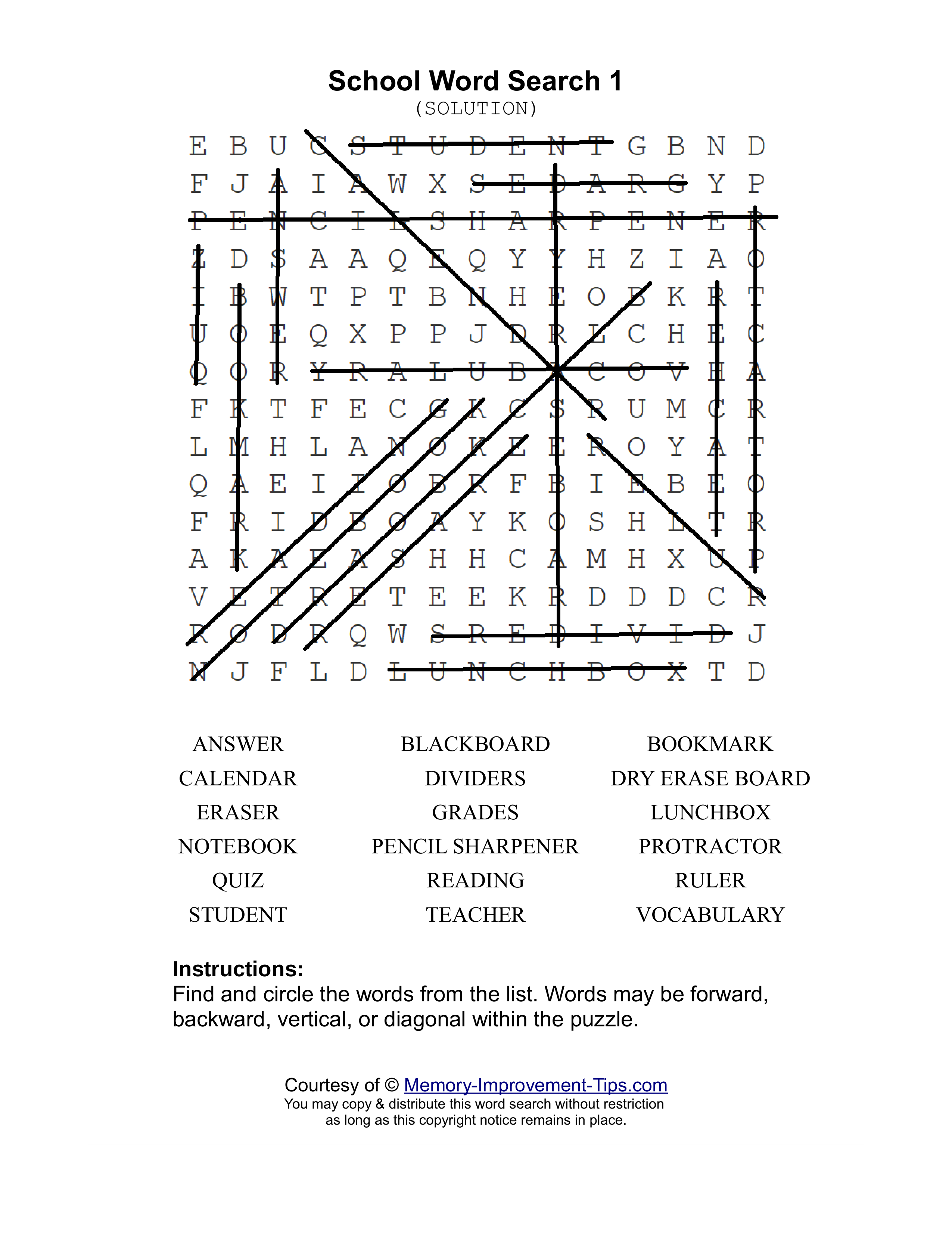 School 1 word search printable solution