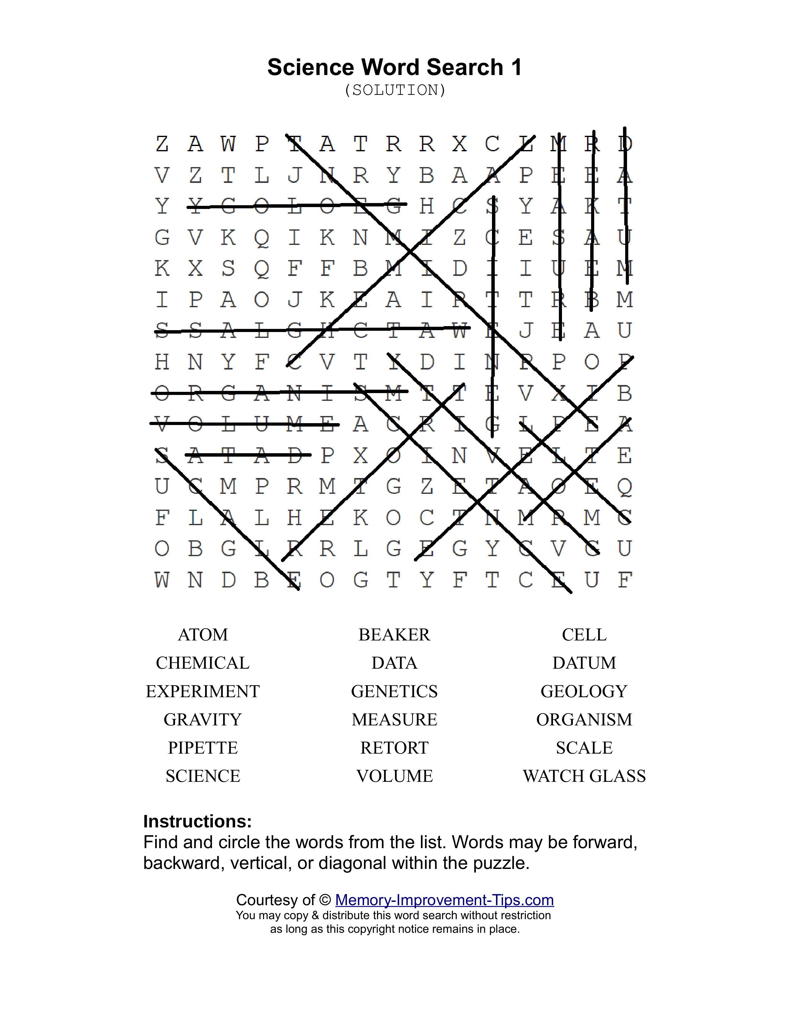 Science 1 word search printable solution