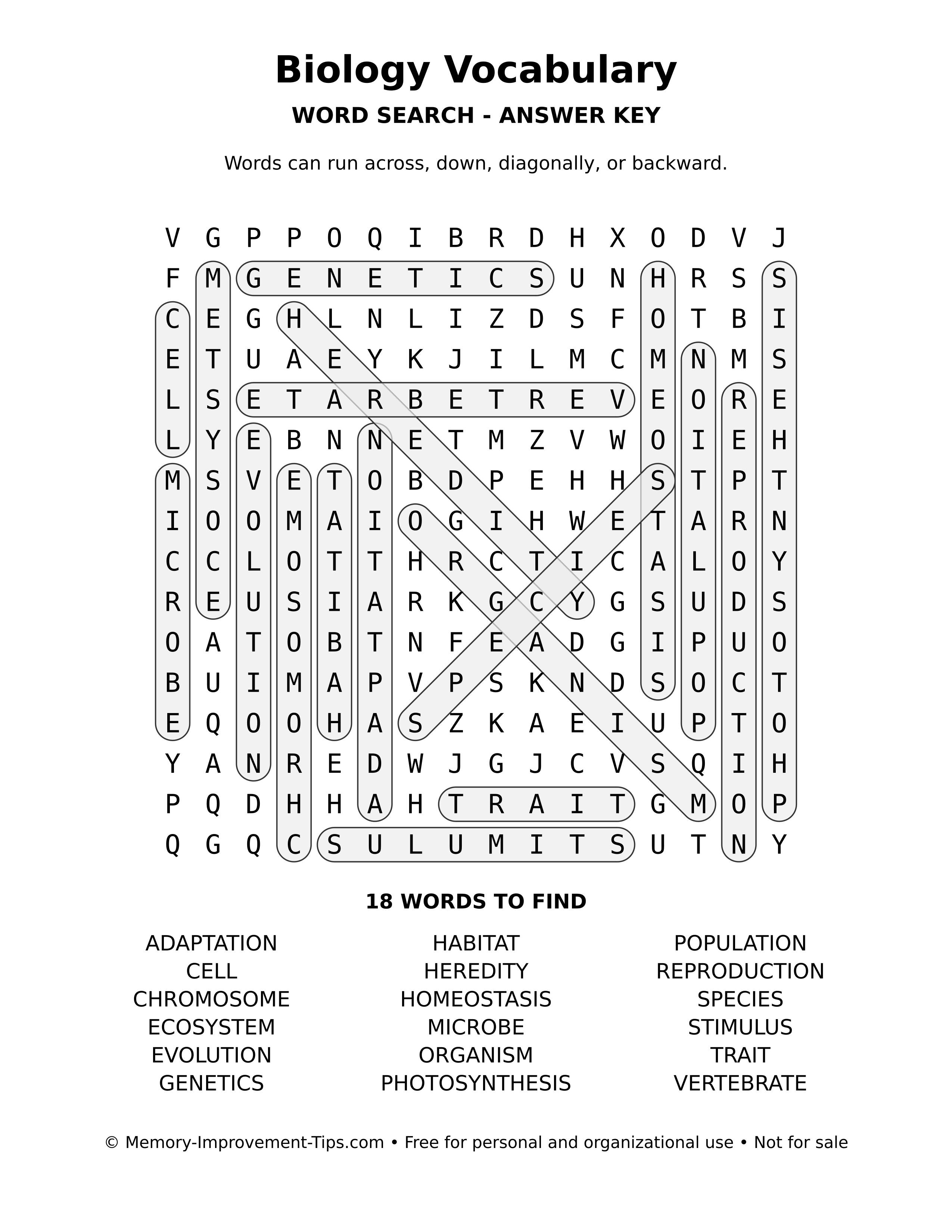 Answer key for Biology Vocabulary word search
