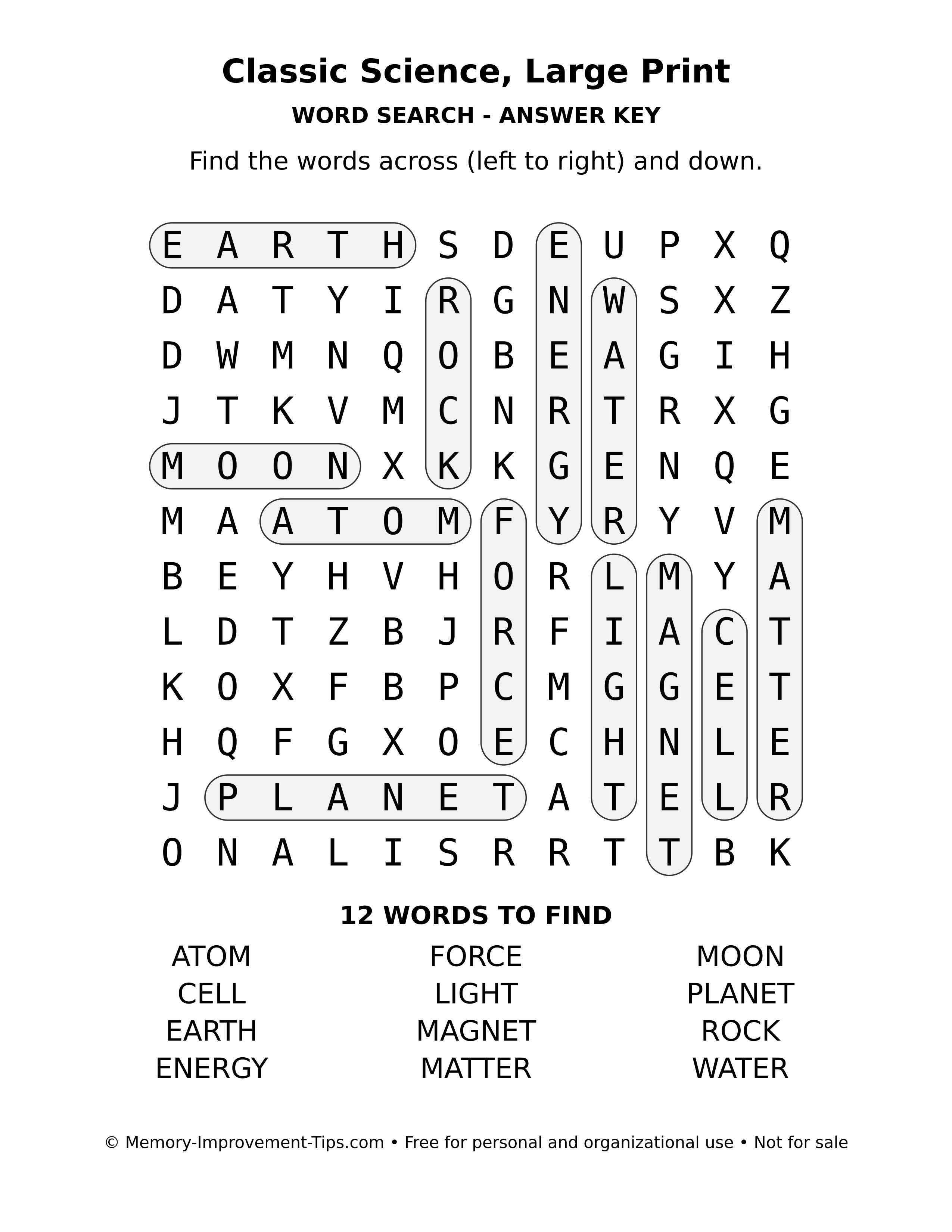 Answer key for Classic Science, Large Print word search