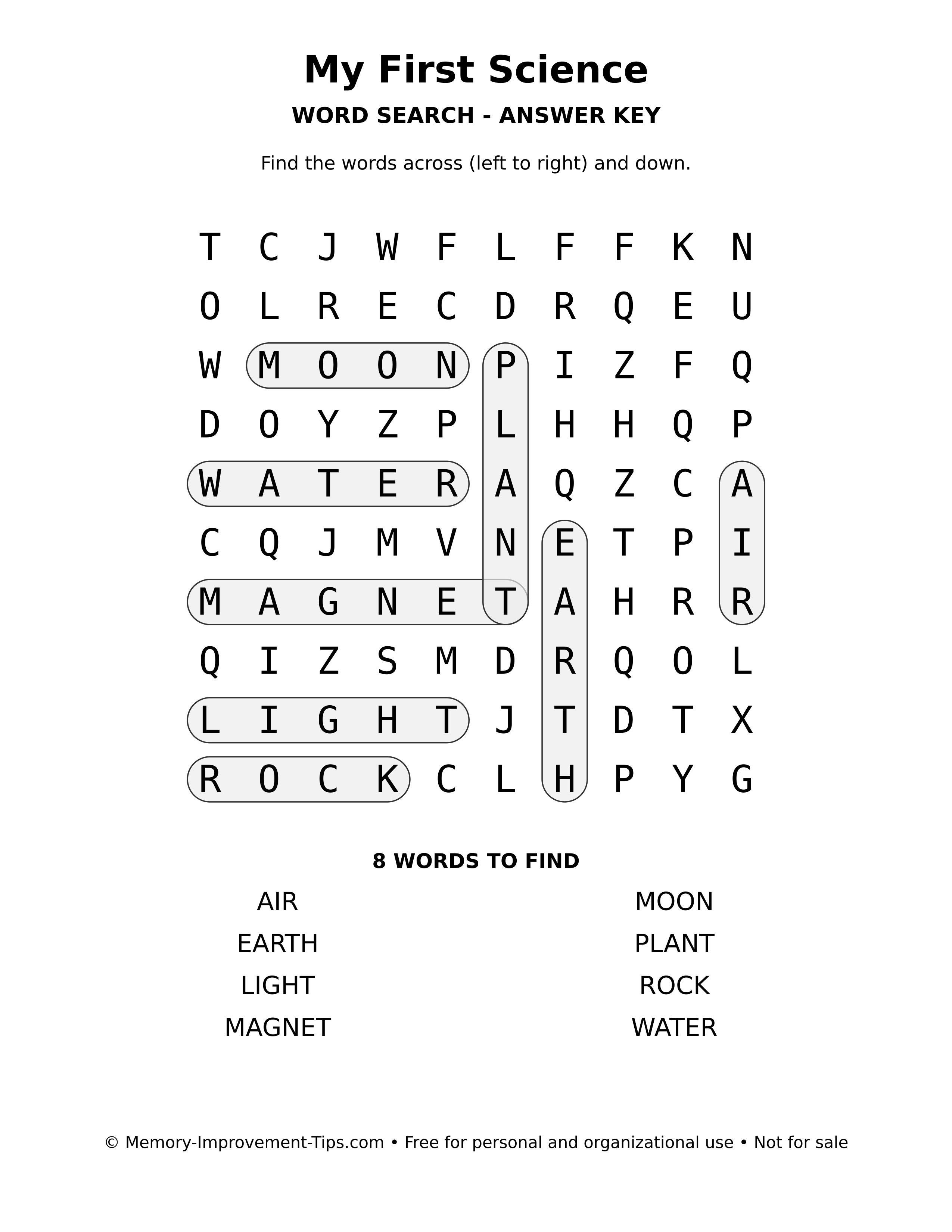 Answer key for My First Science word search