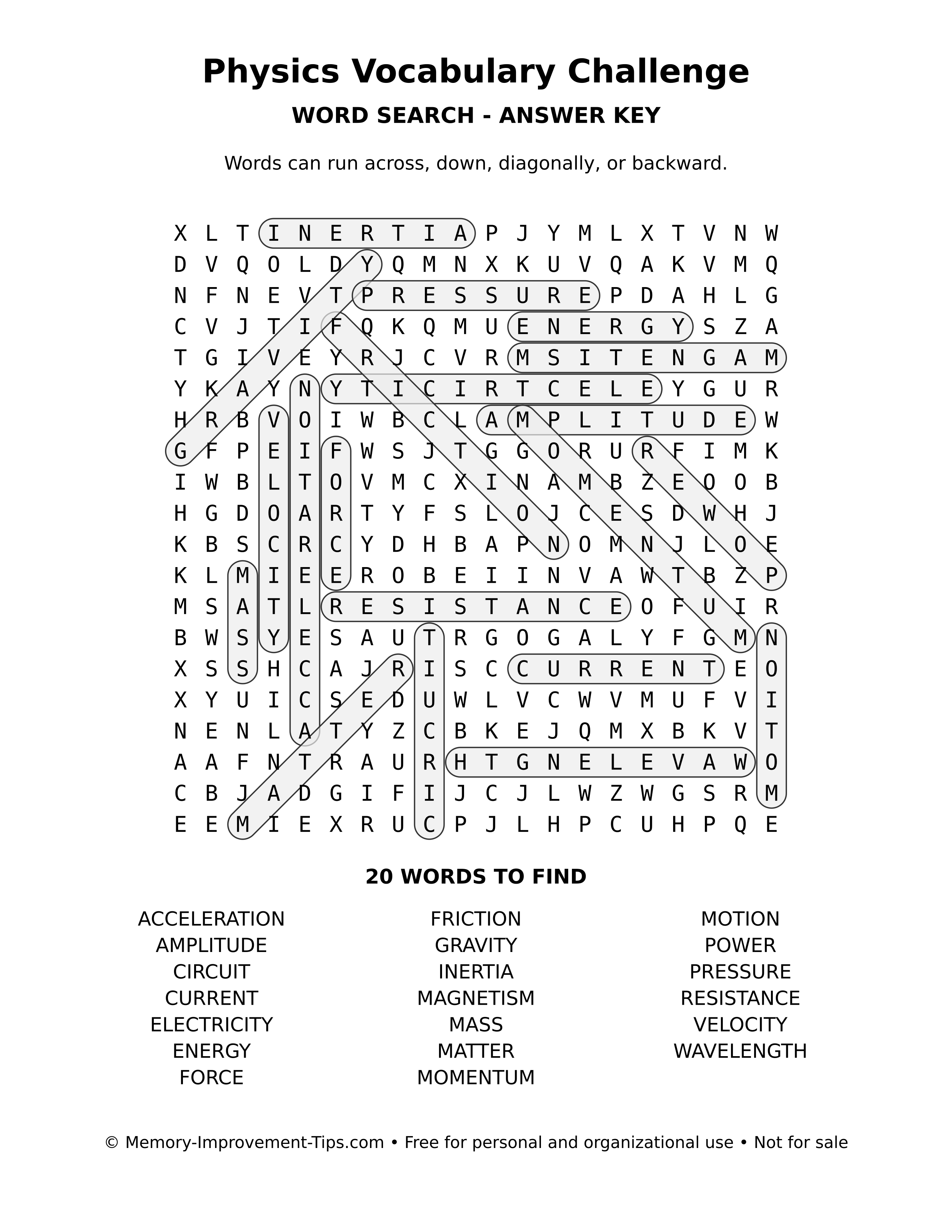 Answer key for Physics Vocabulary Challenge word search