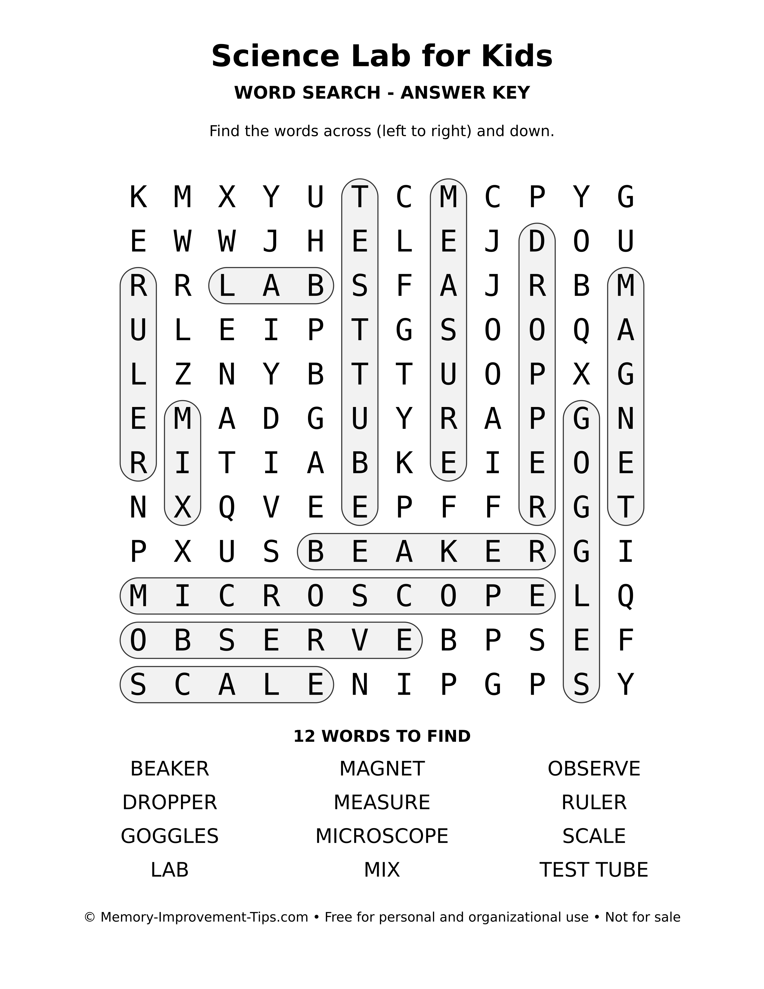Answer key for Science Lab for Kids word search
