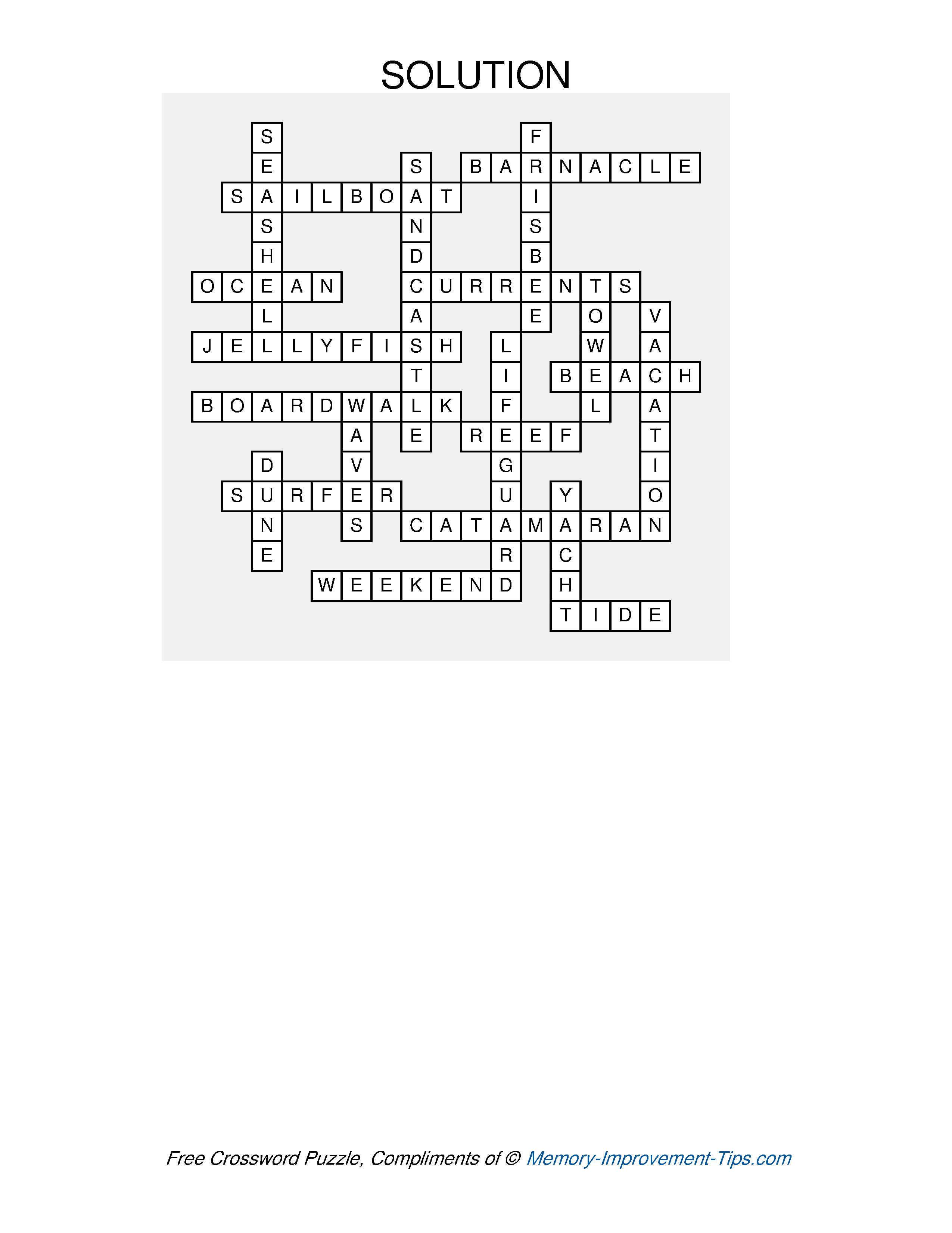 Answer key for the Seaside Crossword Puzzle