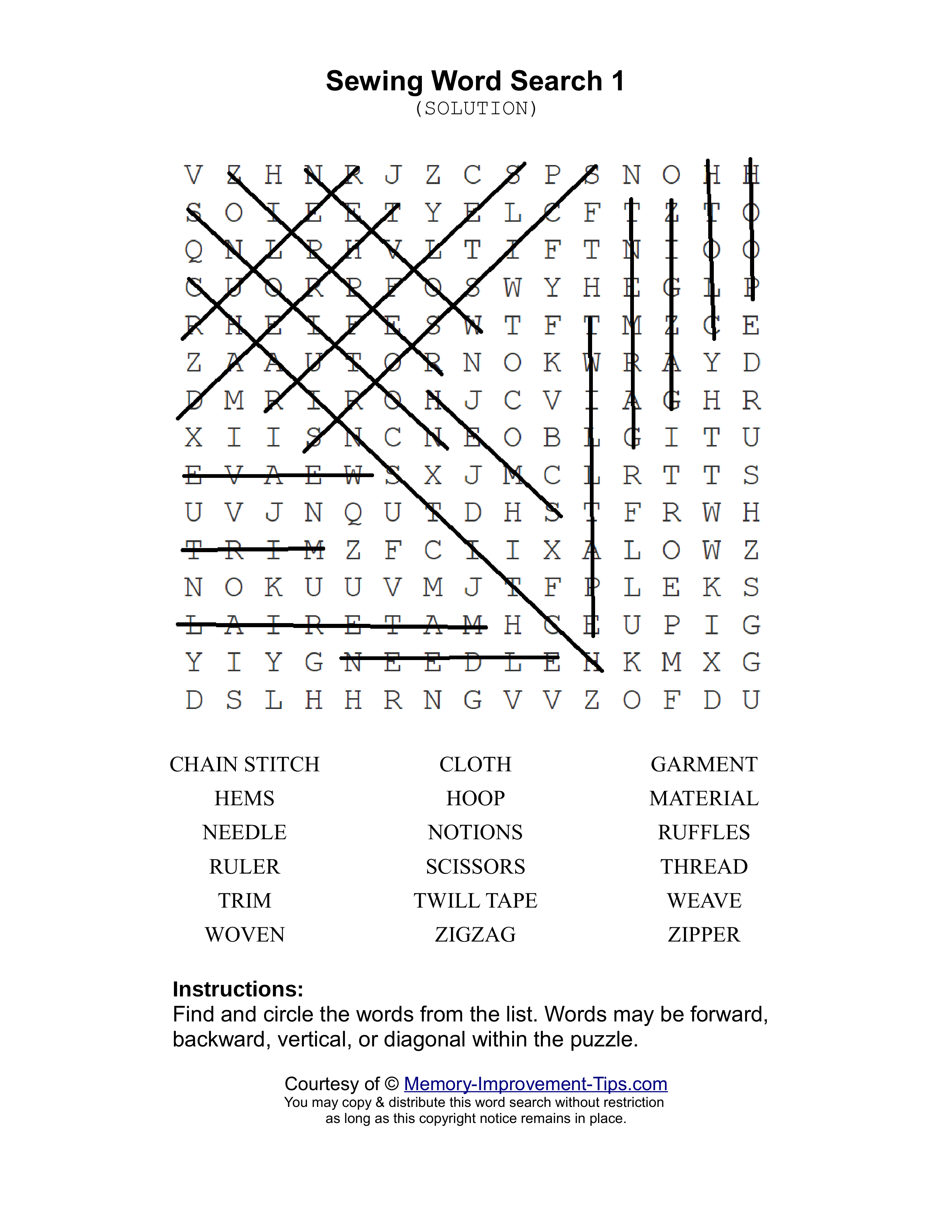 Sewing 1 word search printable solution