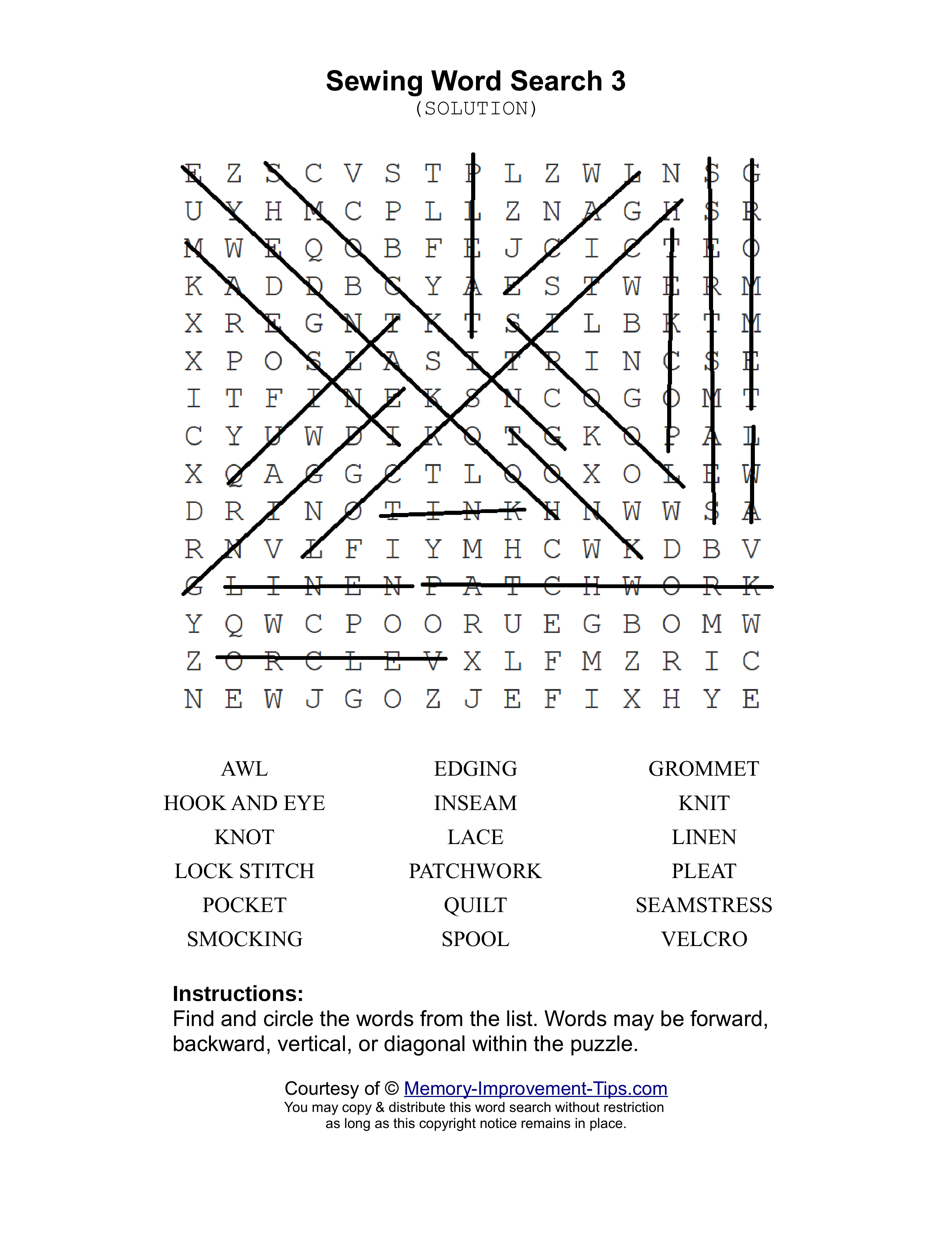 Sewing 3 word search printable solution