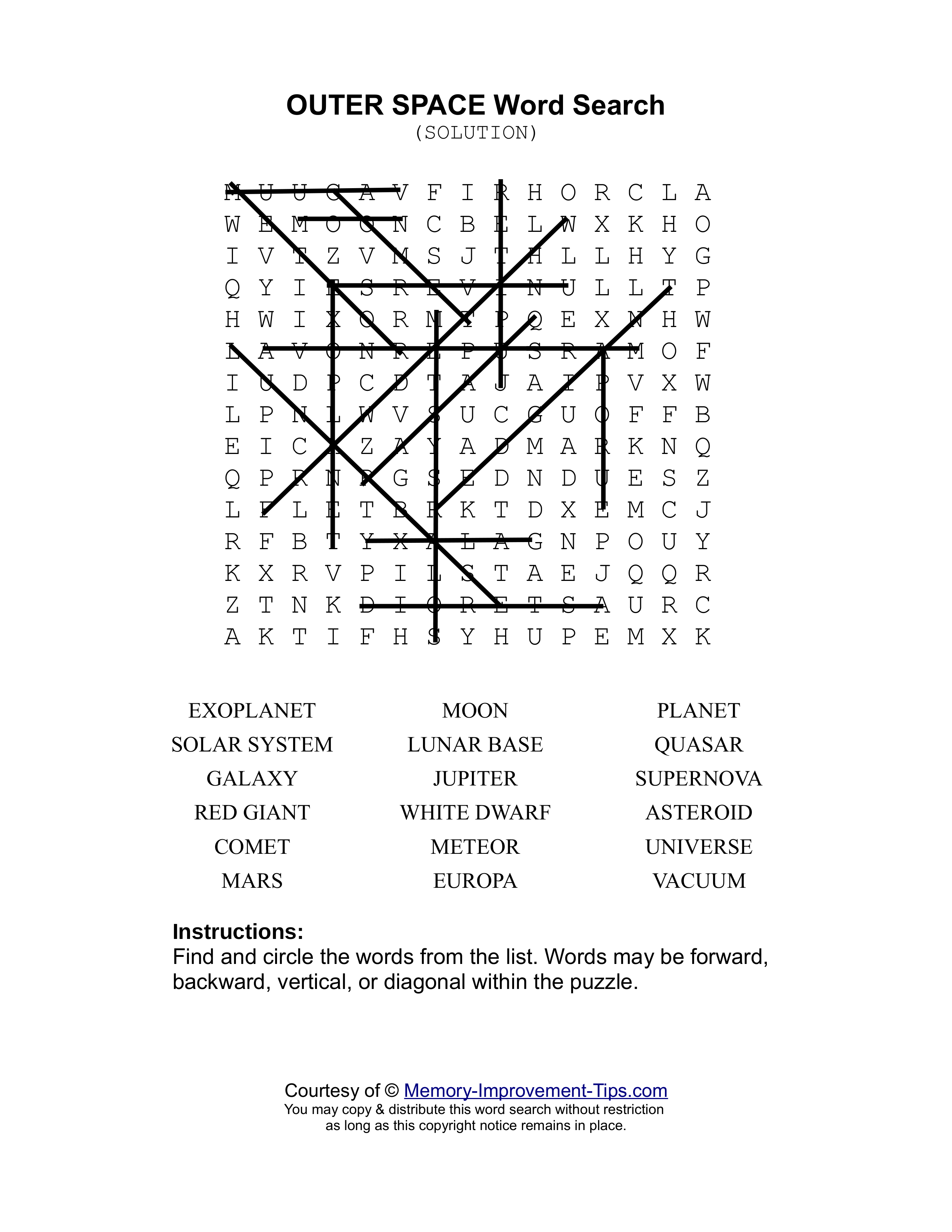 Outer Space word search printable solution