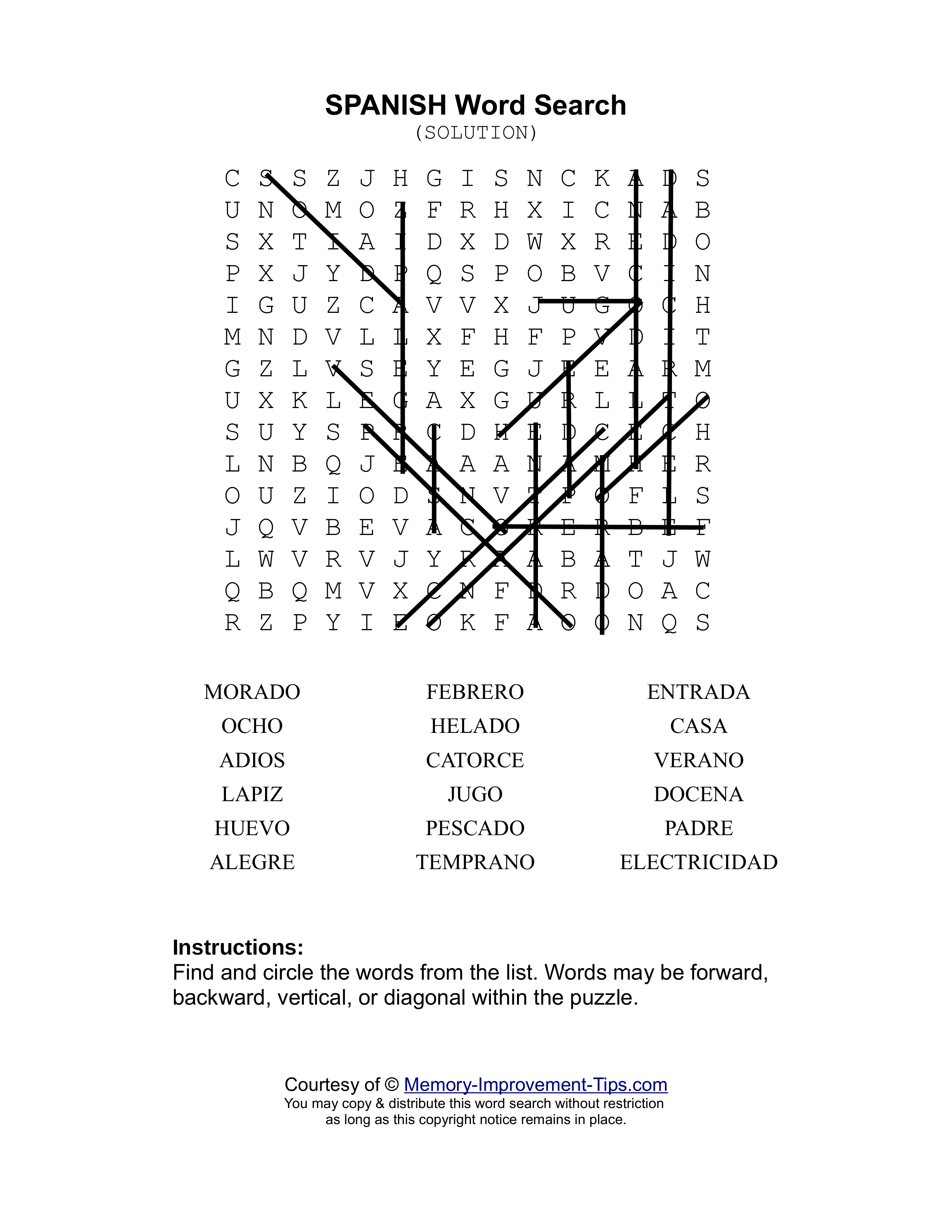 Spanish word search printable solution