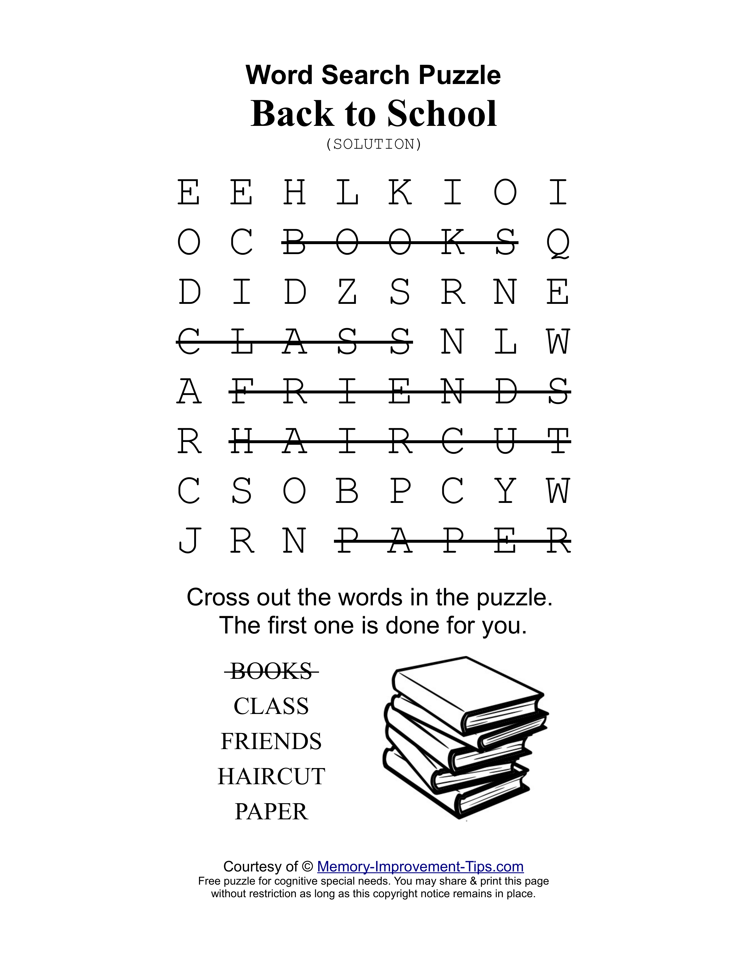 Back to School special needs word search printable solution