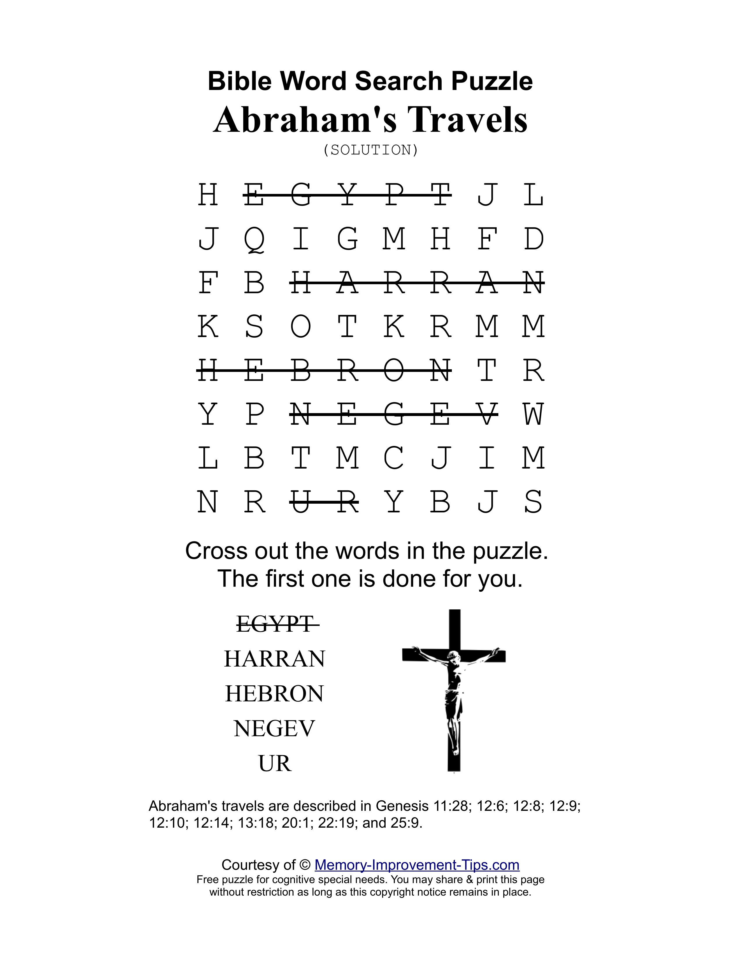 Abraham's Travels special needs word search printable solution
