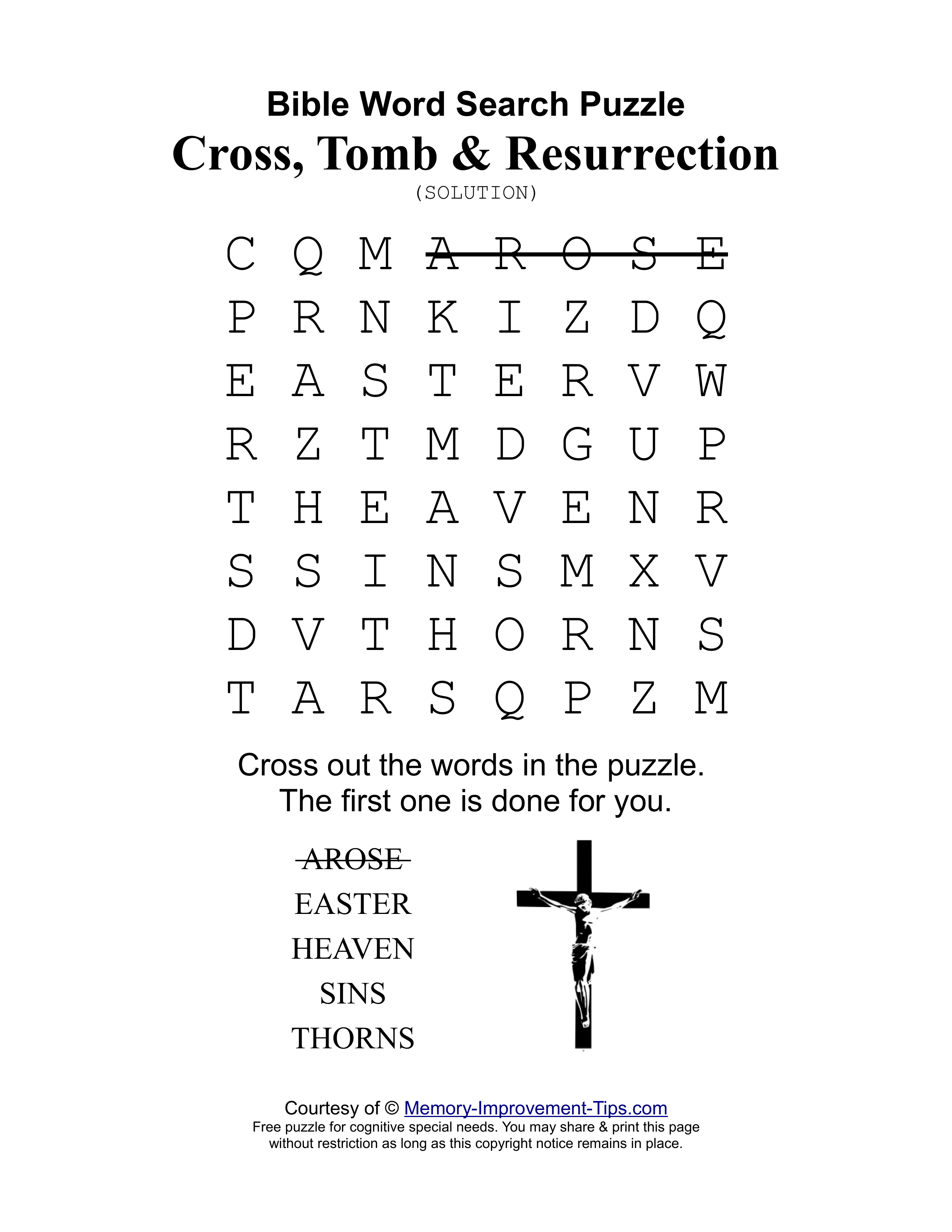 Cross, Tomb & Resurrection special needs word search printable solution