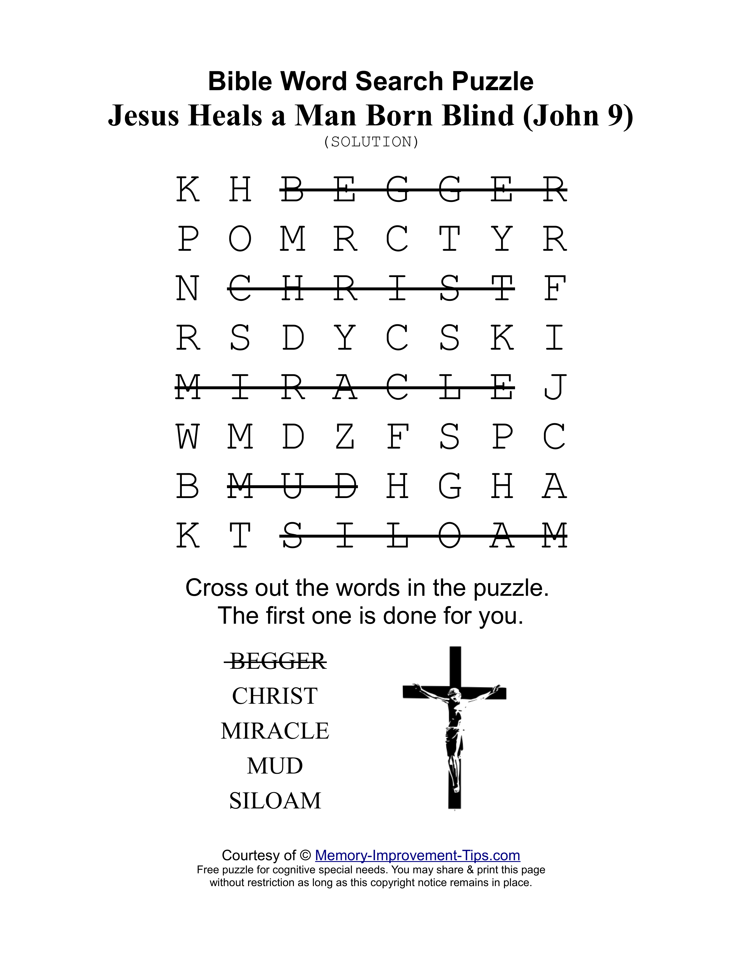 Jesus Heals a Man Born Blind (John 9) special needs word search printable solution