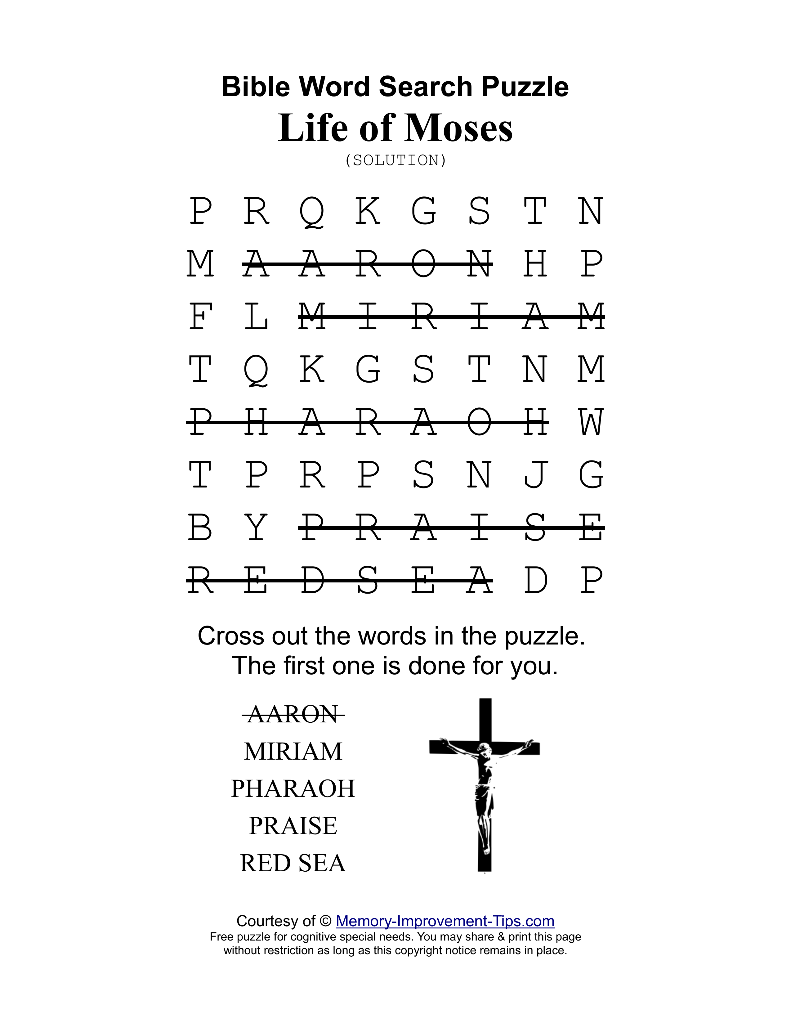 Life of Moses special needs word search printable solution