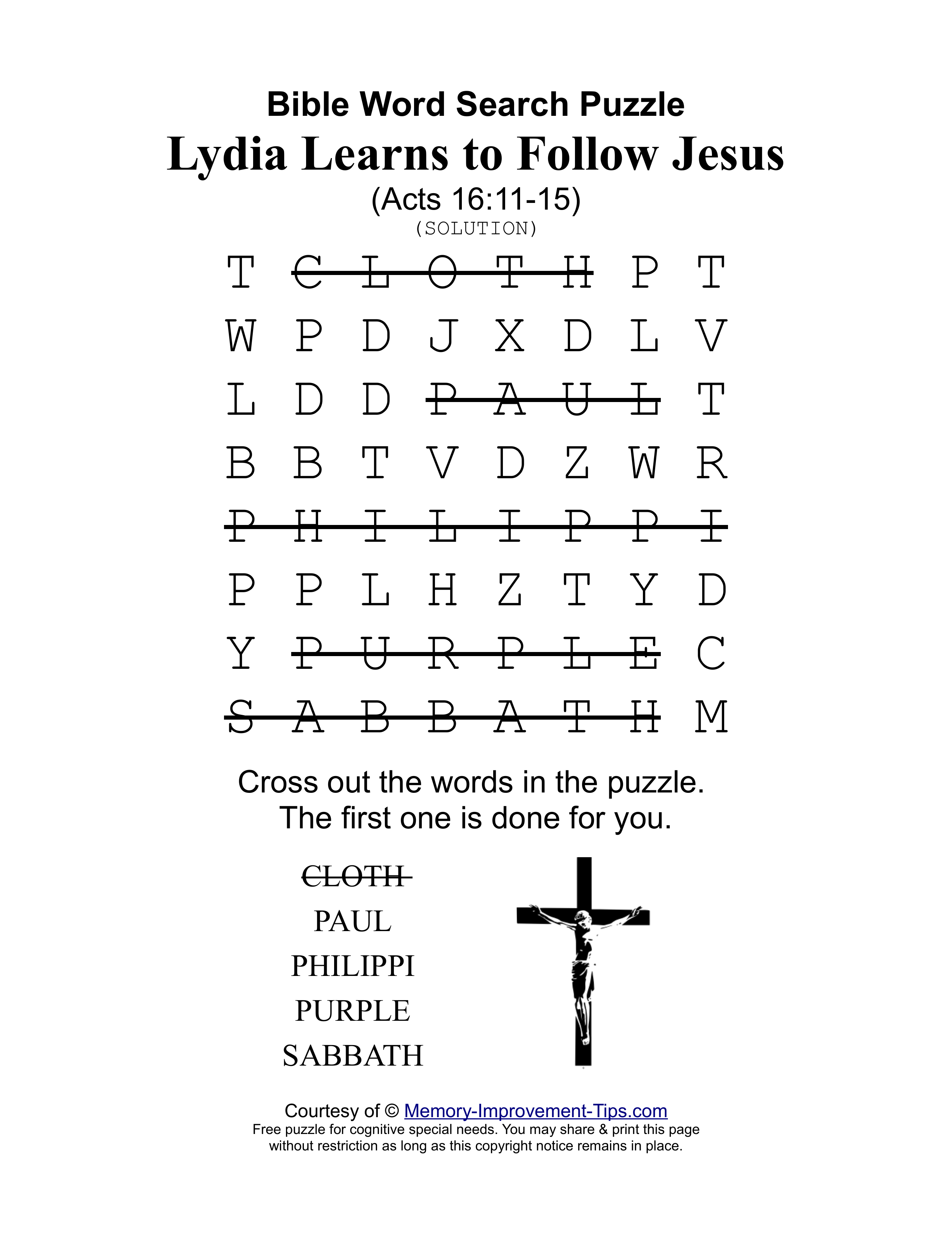 Lydia Learns to Follow Jesus (Acts 16:11-15) special needs word search printable solution