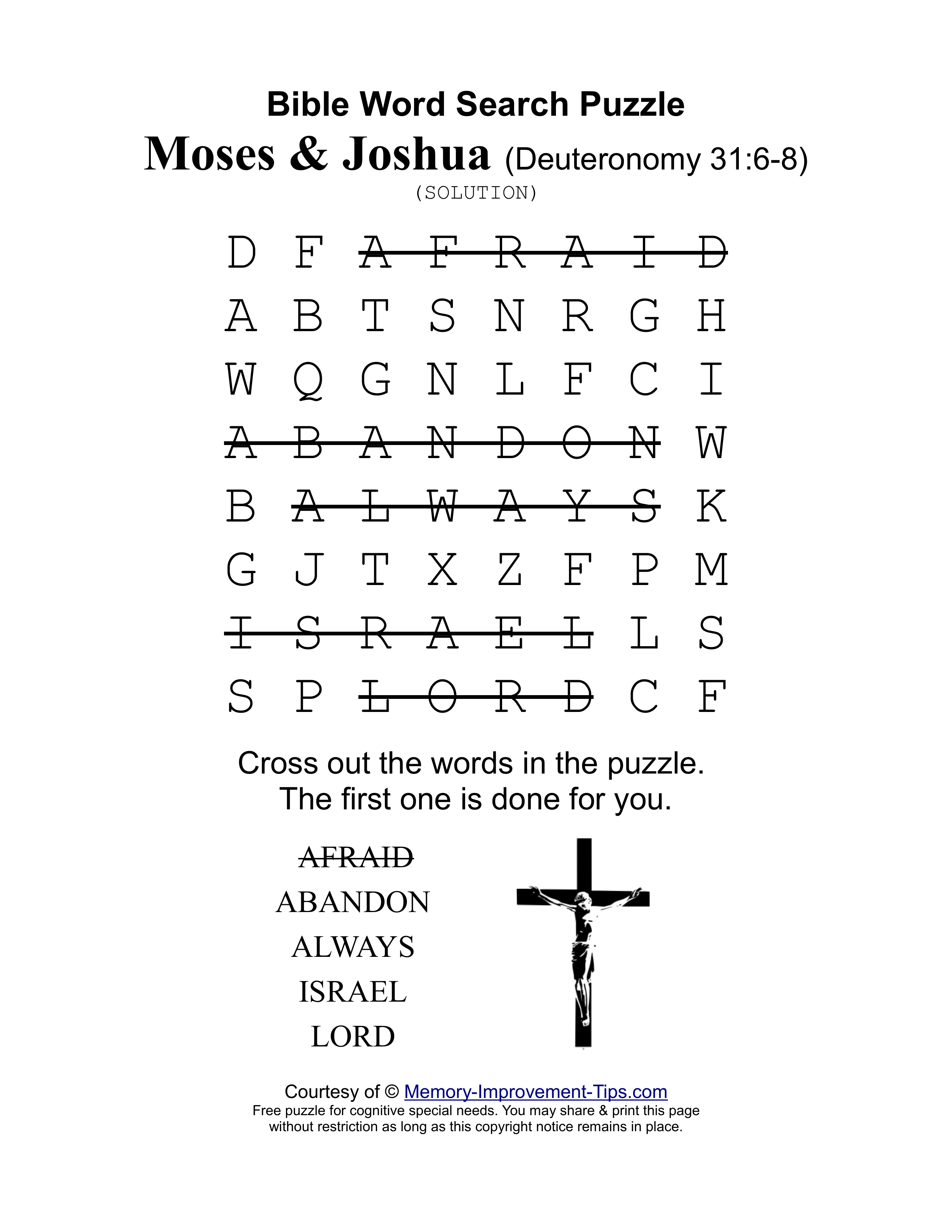 Moses & Joshua (Deuteronomy 31:6-8) special needs word search printable solution