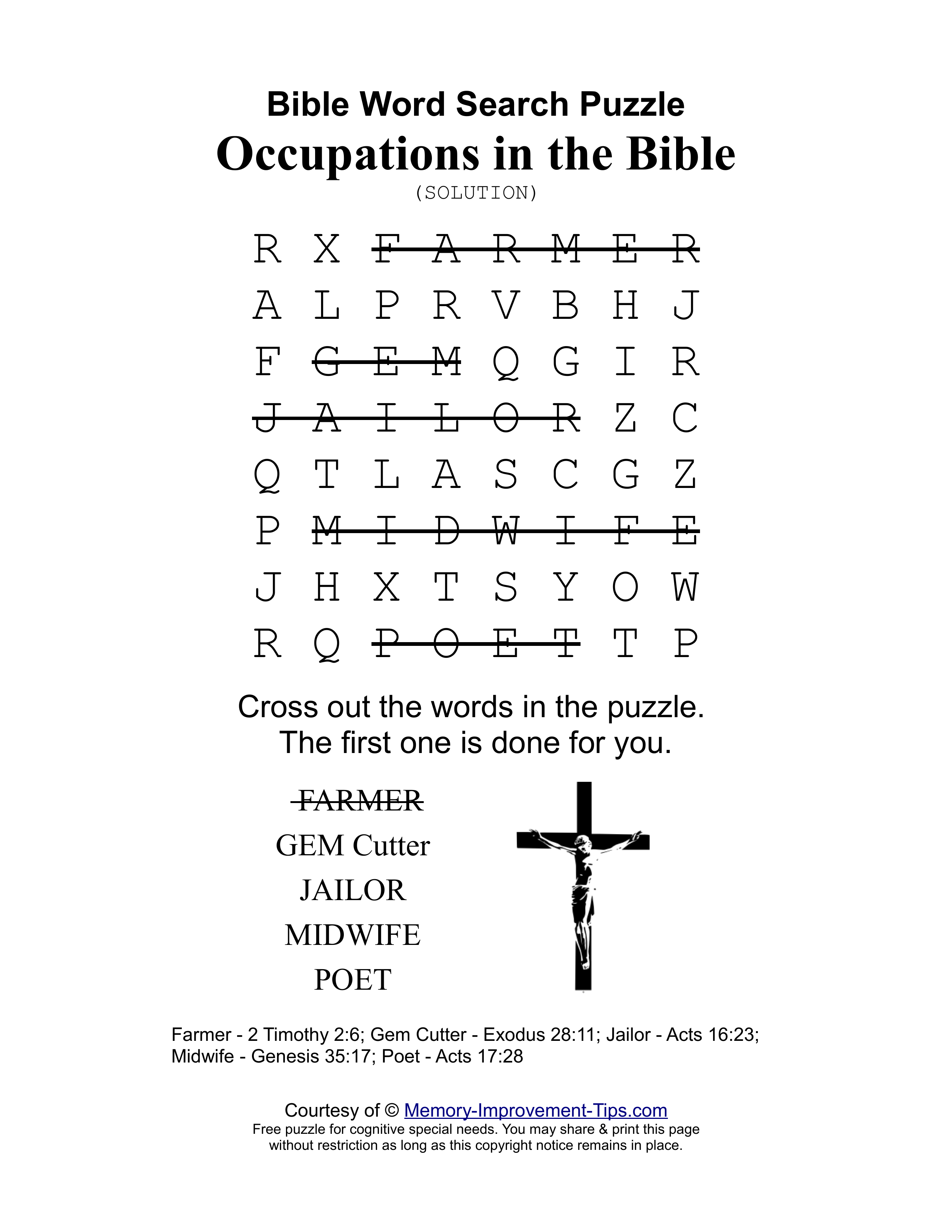 Occupations in the Bible special needs word search printable solution