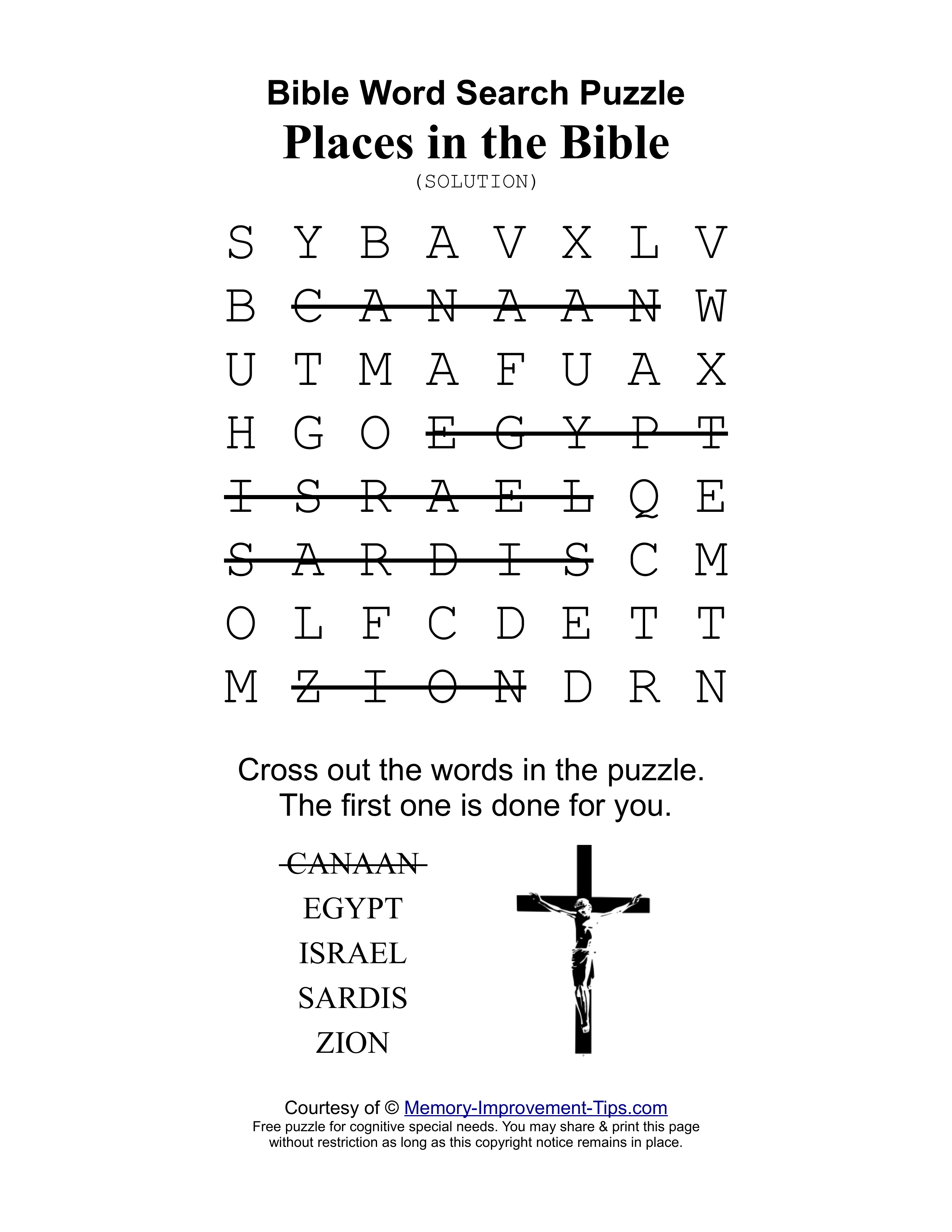 Places in the Bible special needs word search printable solution