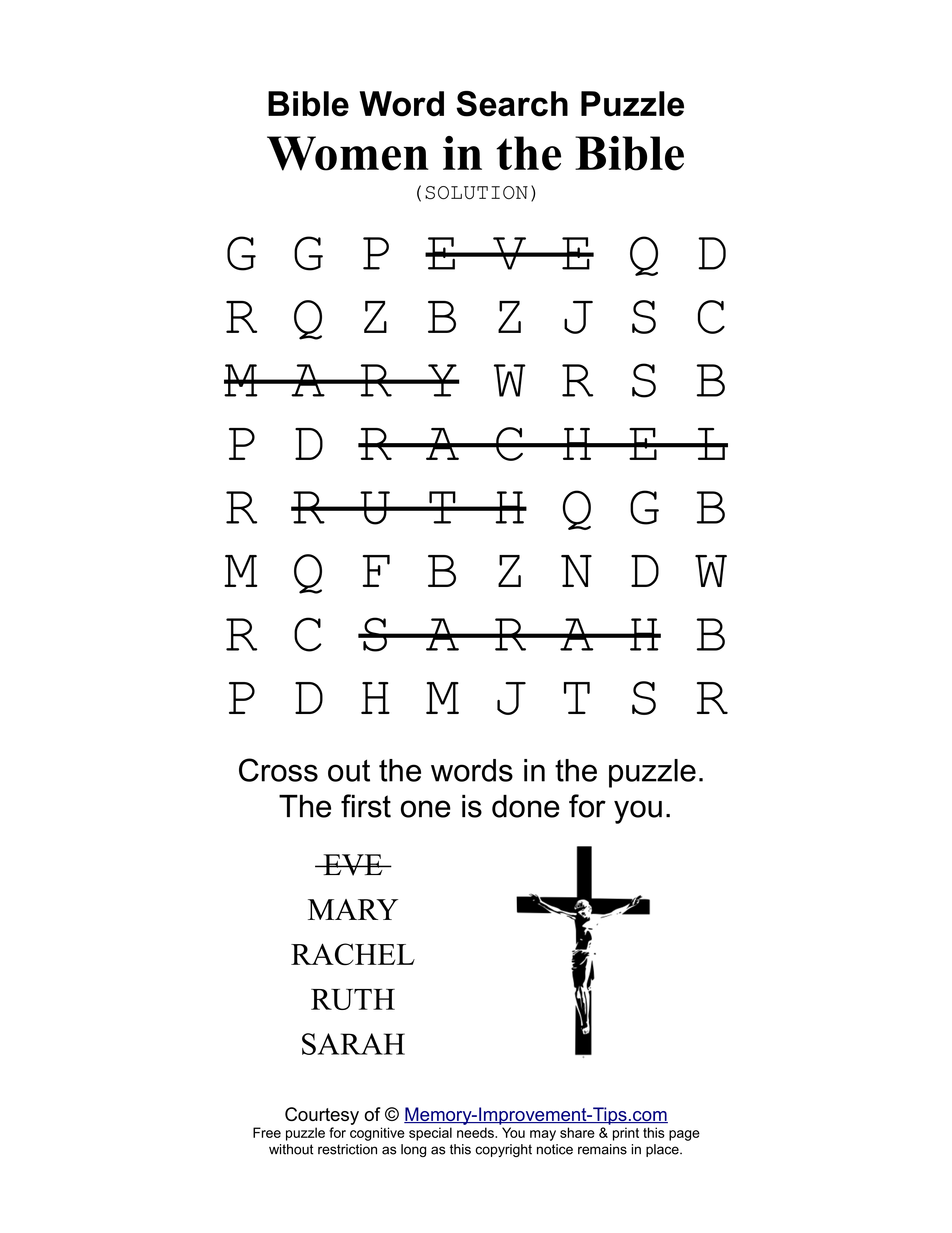 Women in the Bible special needs word search printable solution