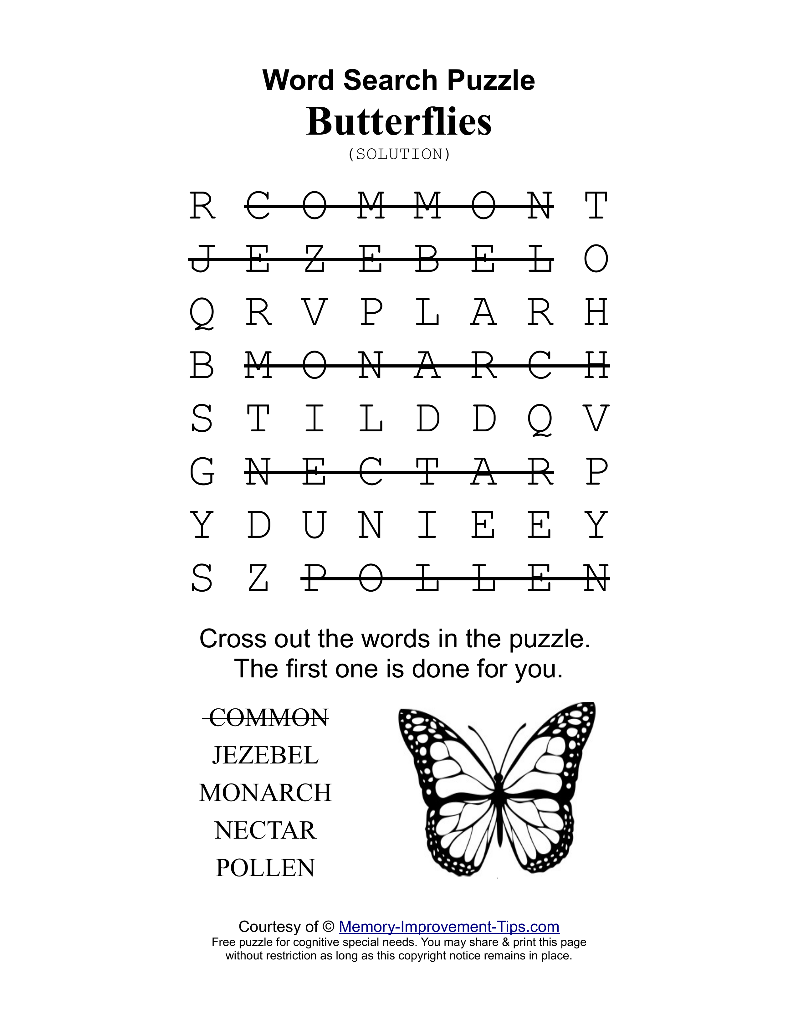 Butterflies special needs word search printable solution