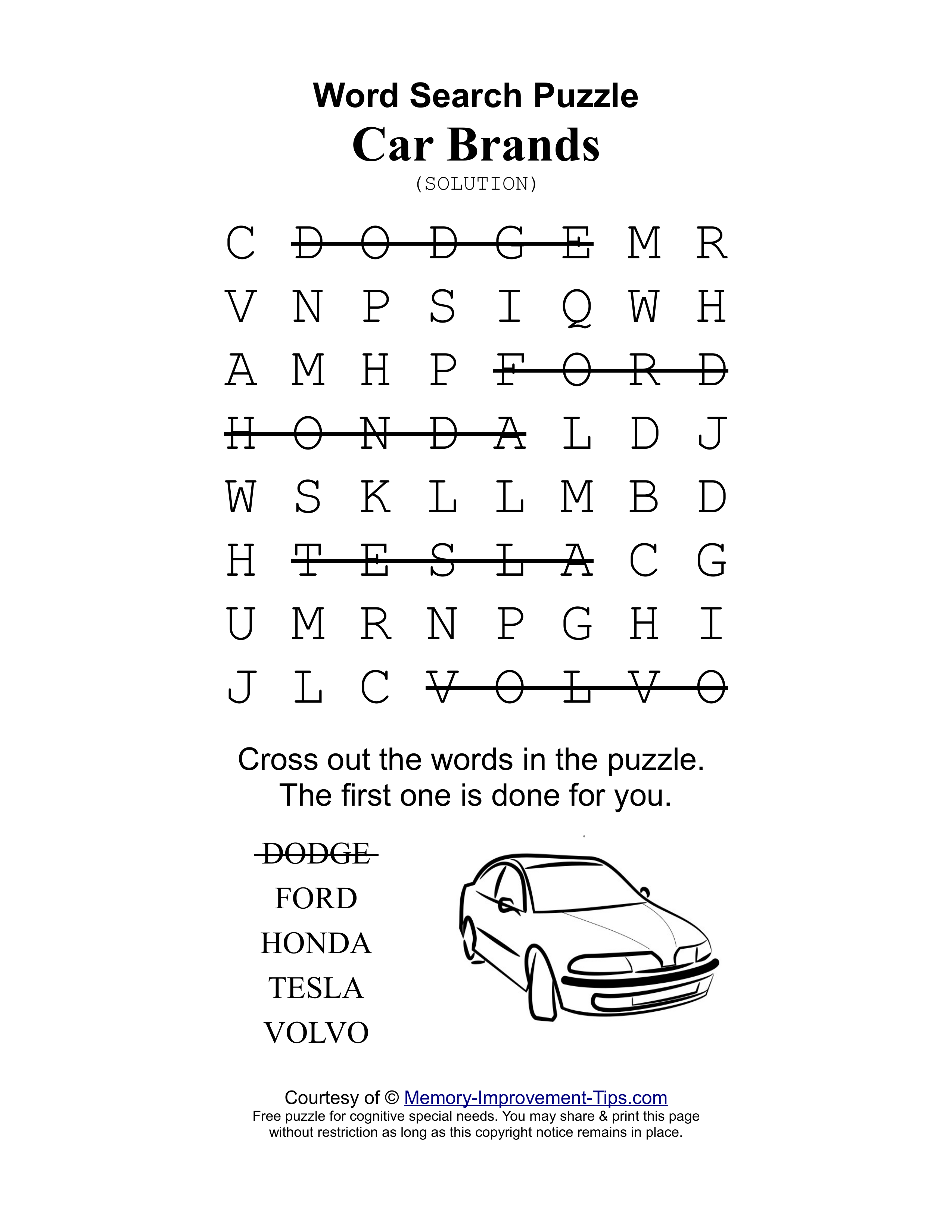 Car Brands special needs word search printable solution