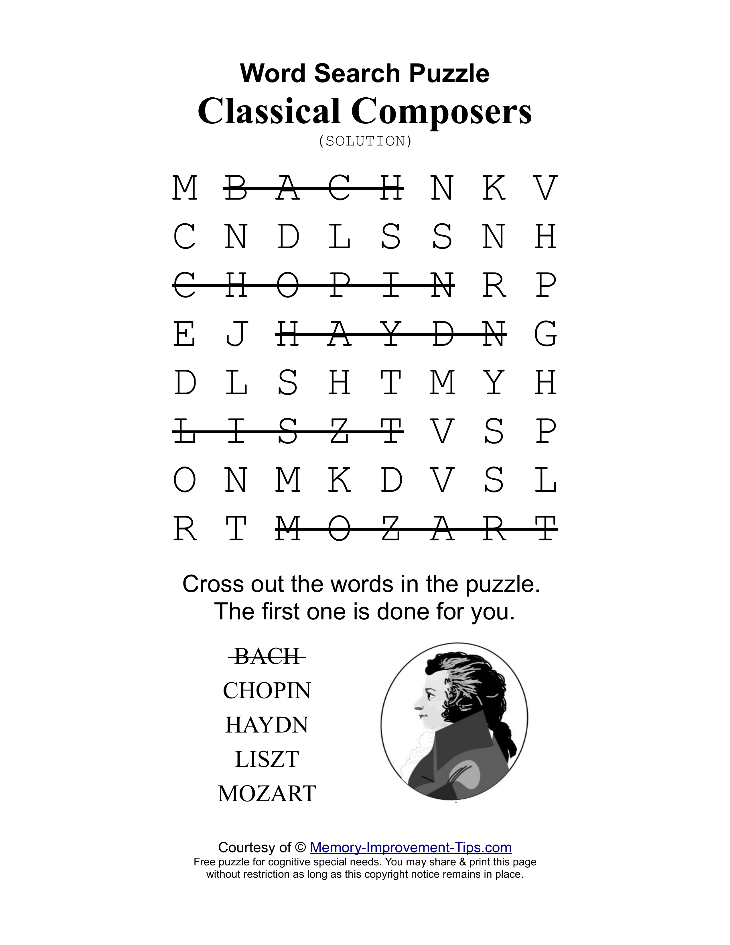 Classical Composers special needs word search printable solution
