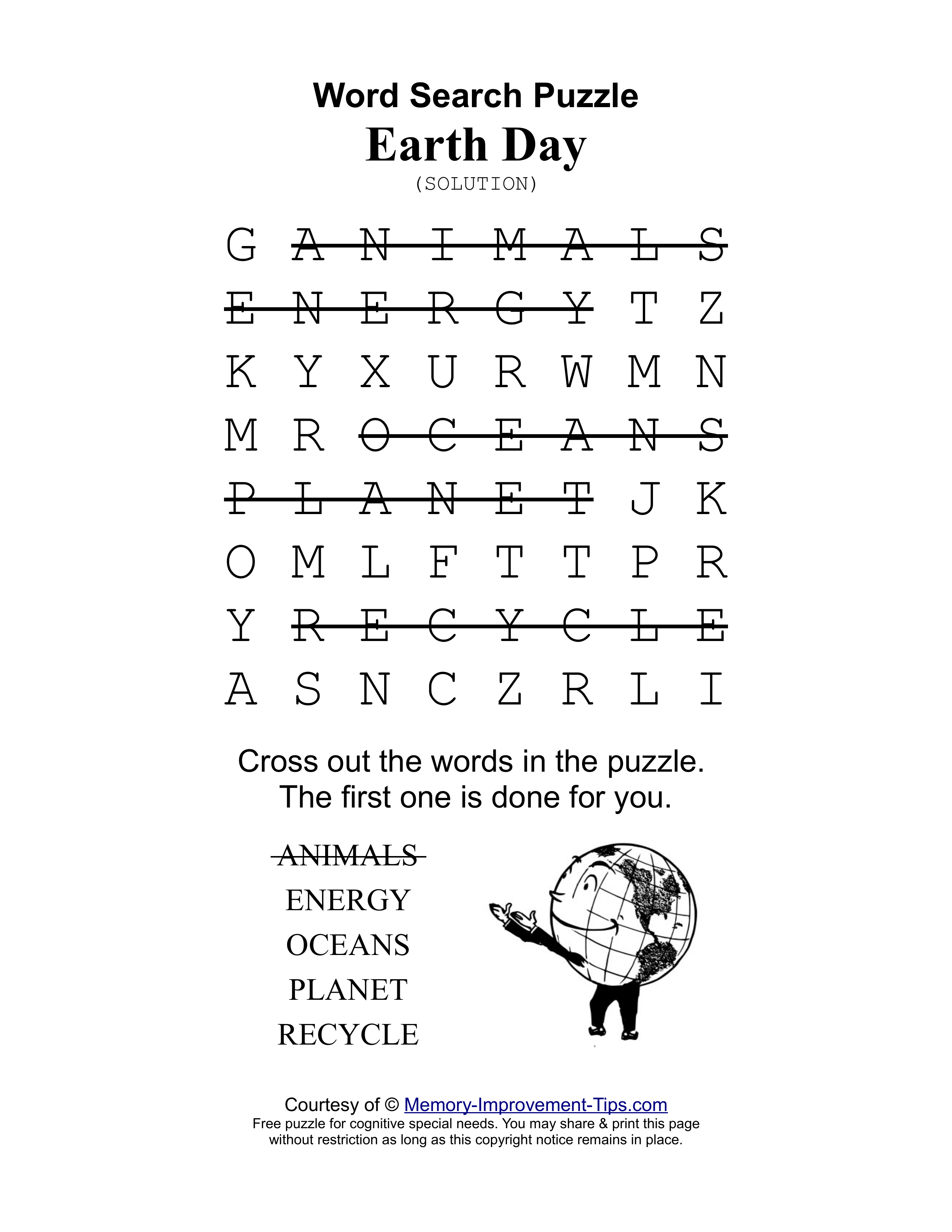Earth Day special needs word search printable solution