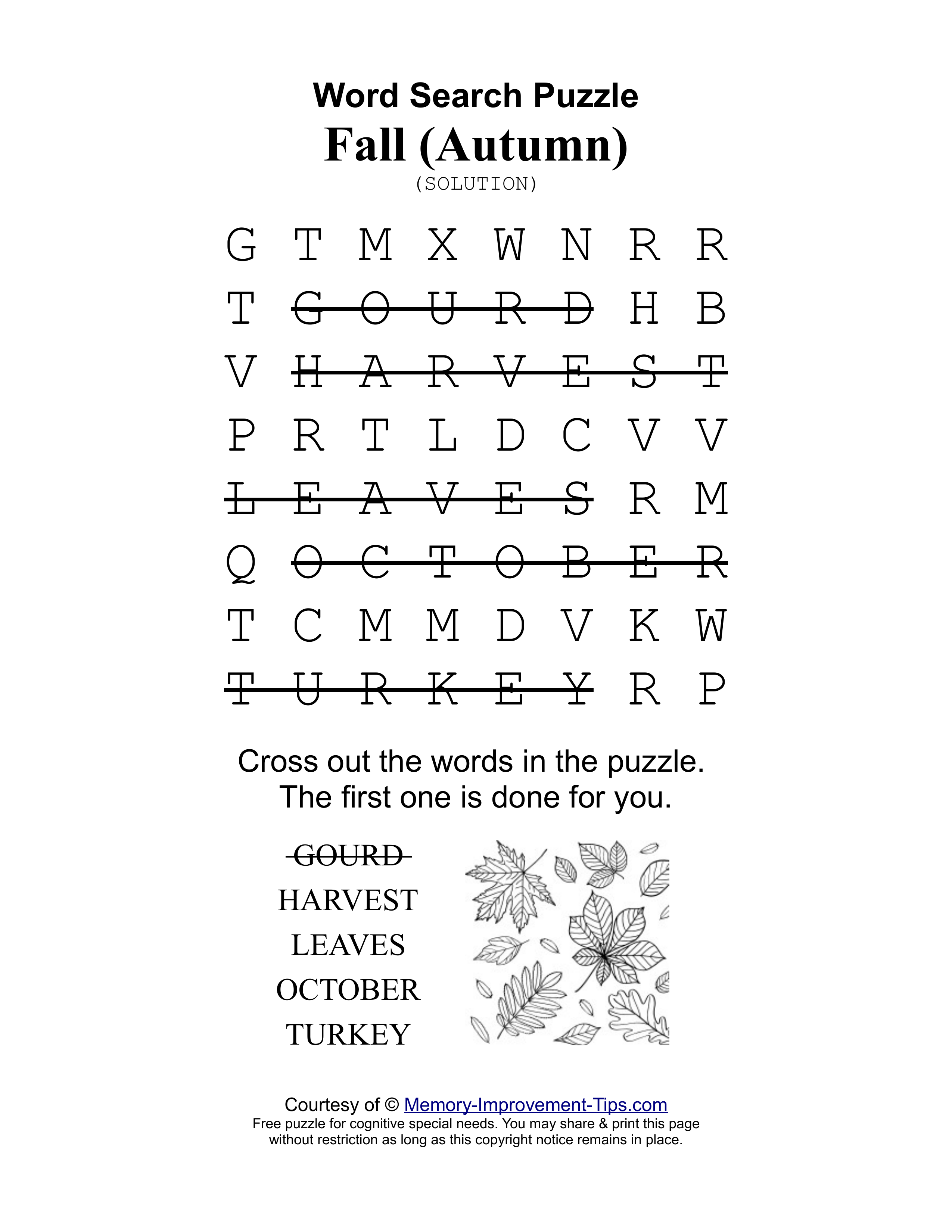 Fall (Autumn) special needs word search printable solution