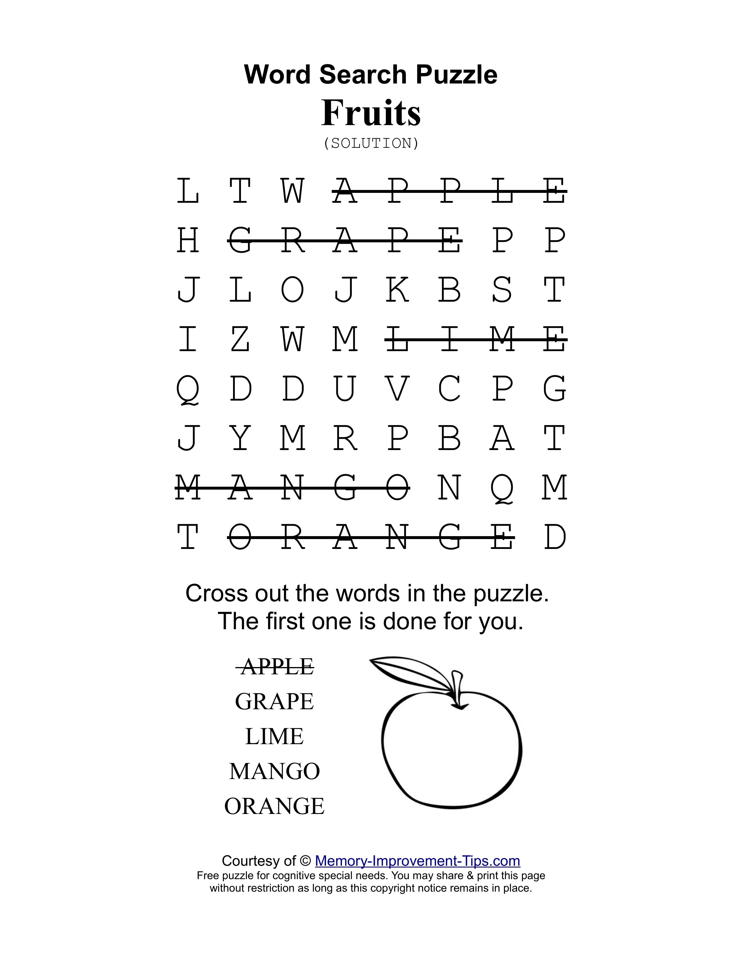 Fruits special needs word search printable solution