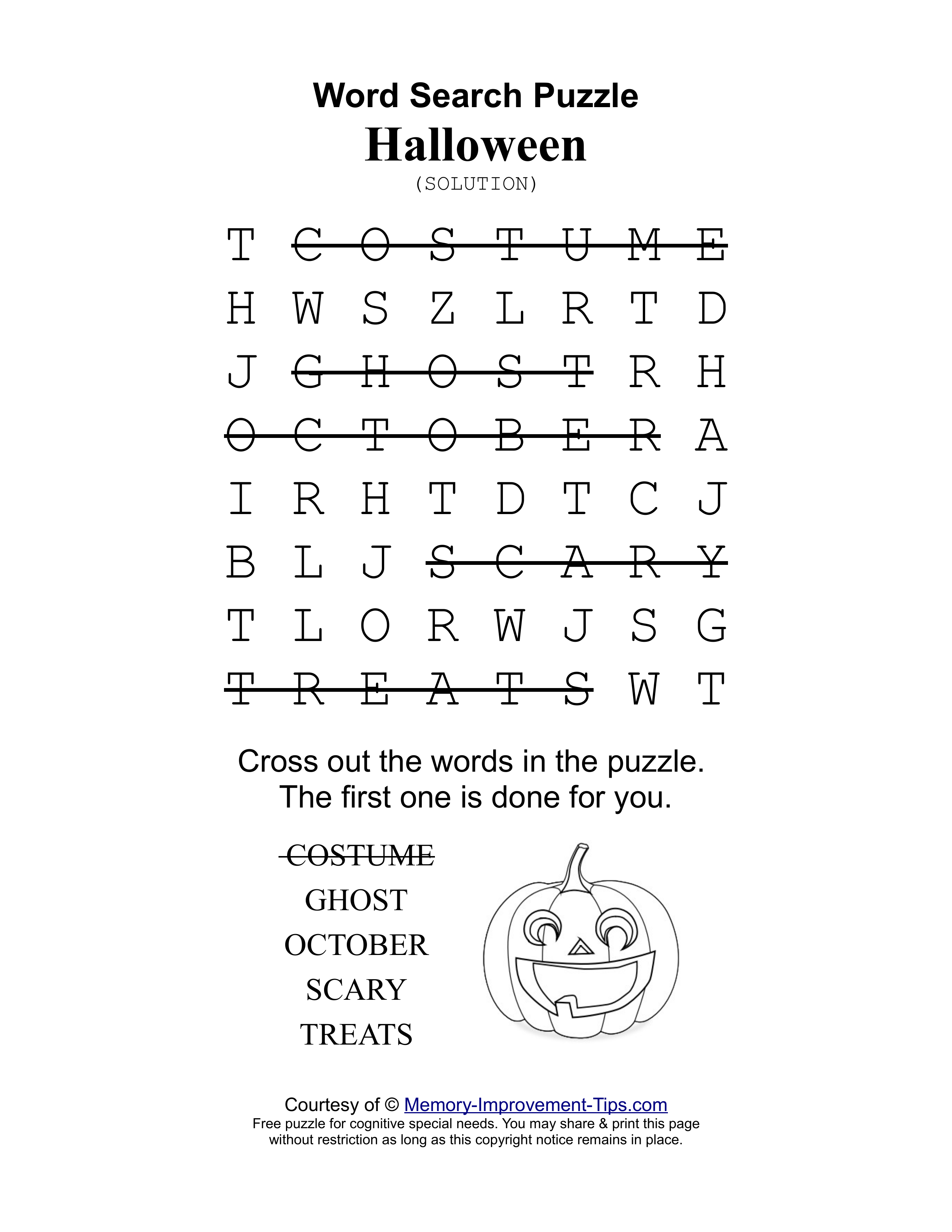 Halloween special needs word search printable solution