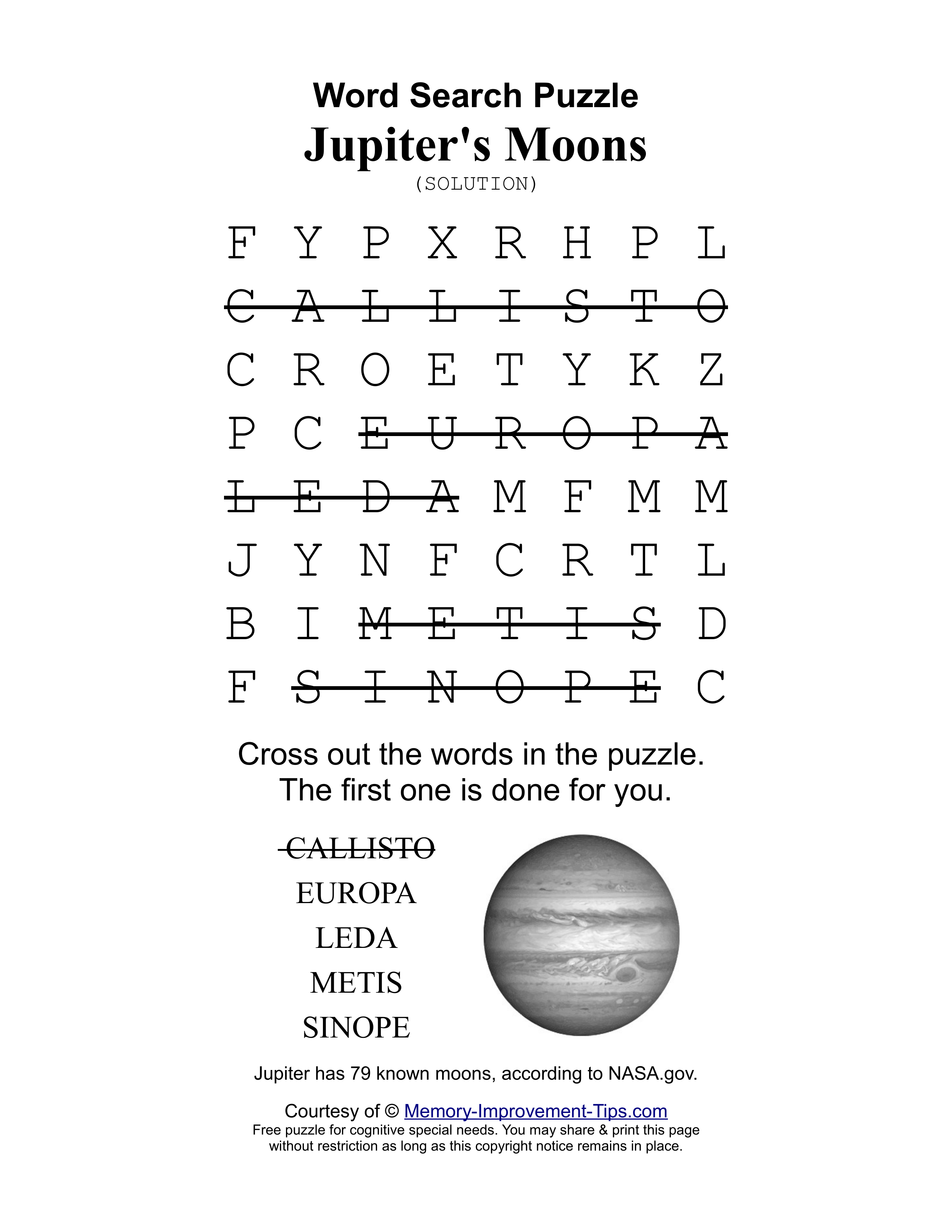 Jupiter's Moons special needs word search printable solution