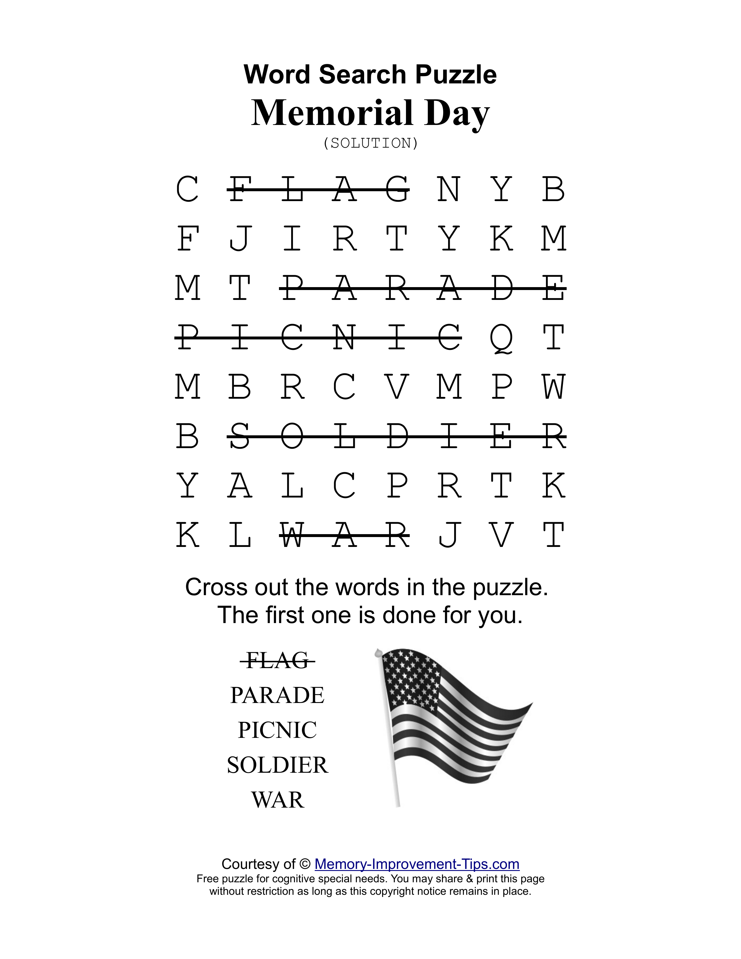Memorial Day special needs word search printable solution