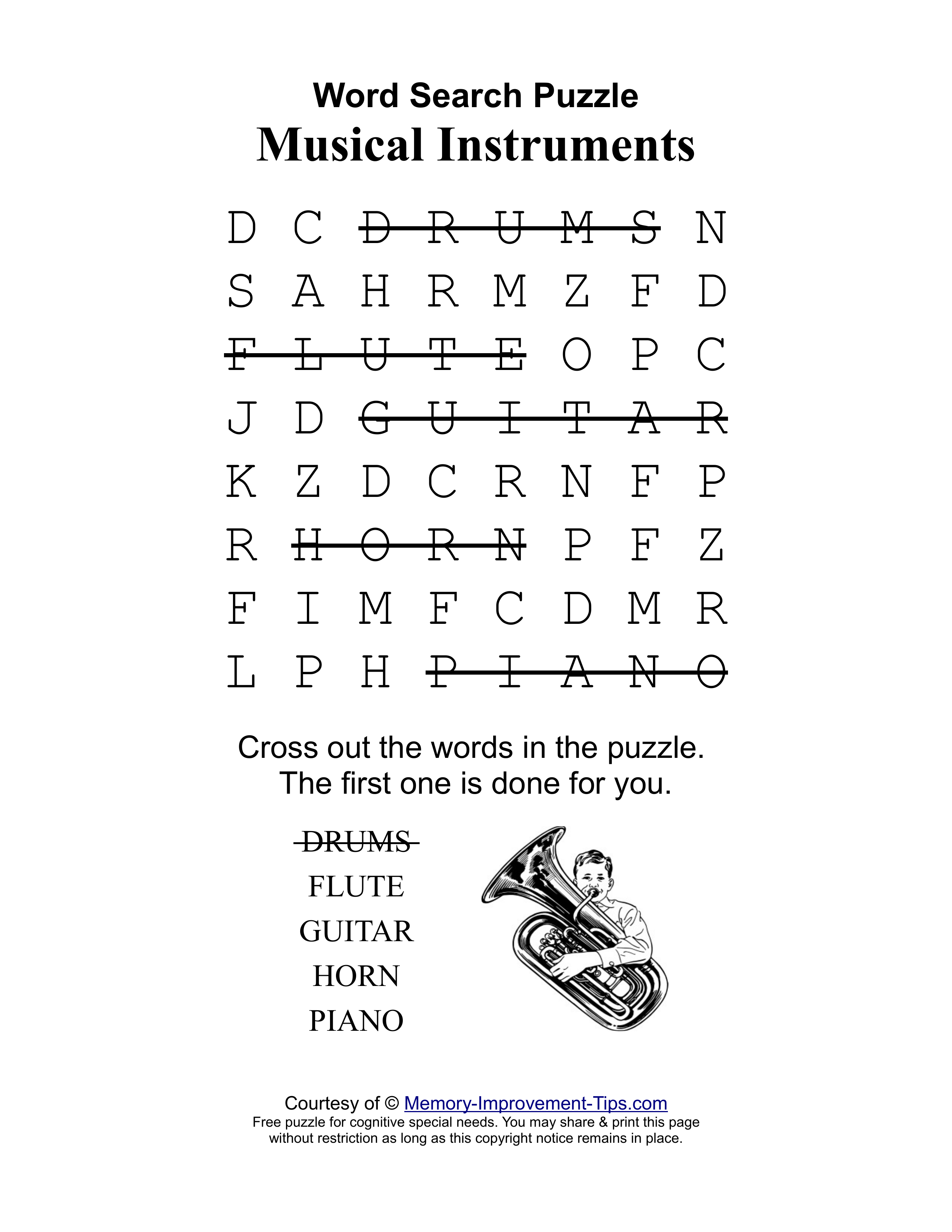 Musical Instruments special needs word search printable solution