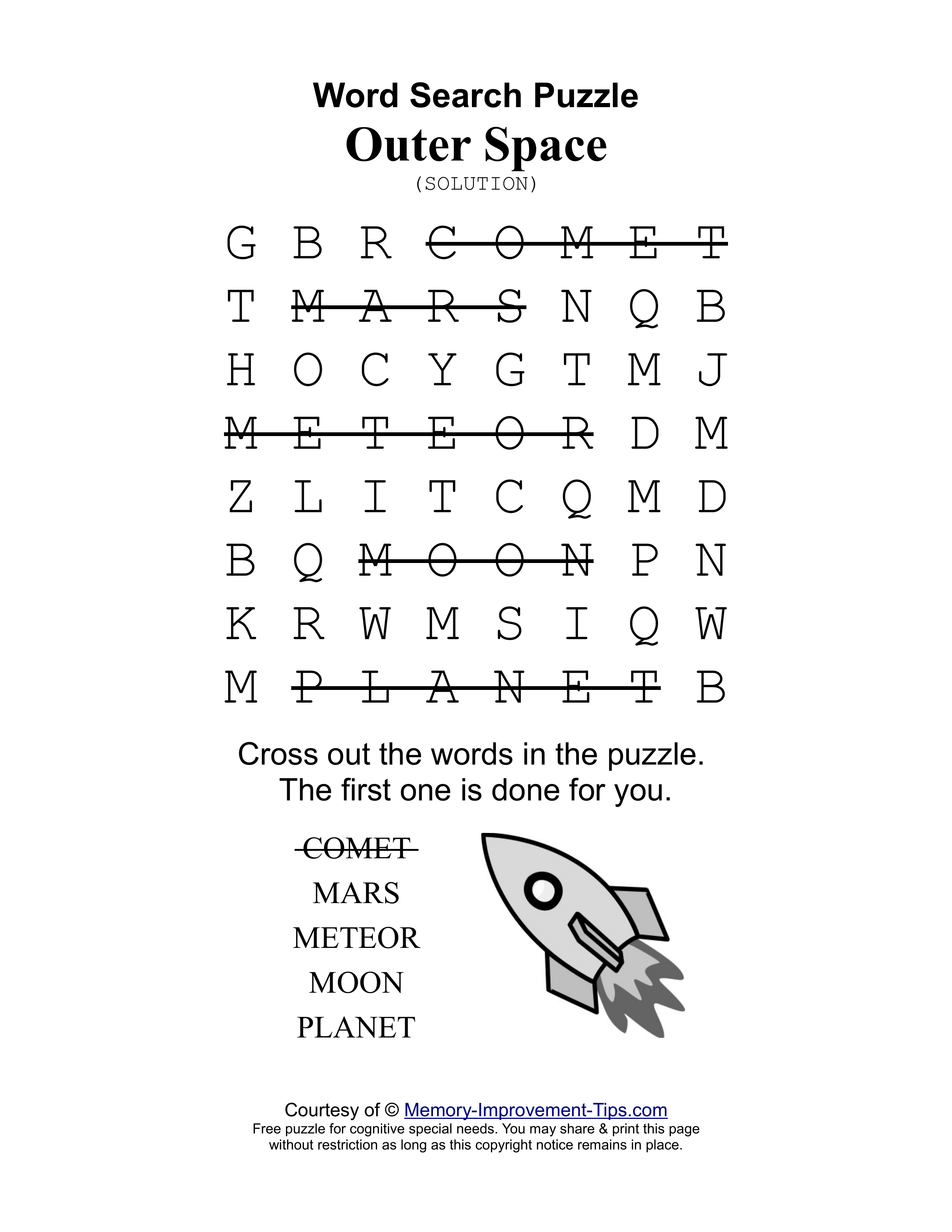 Outer Space special needs word search printable solution