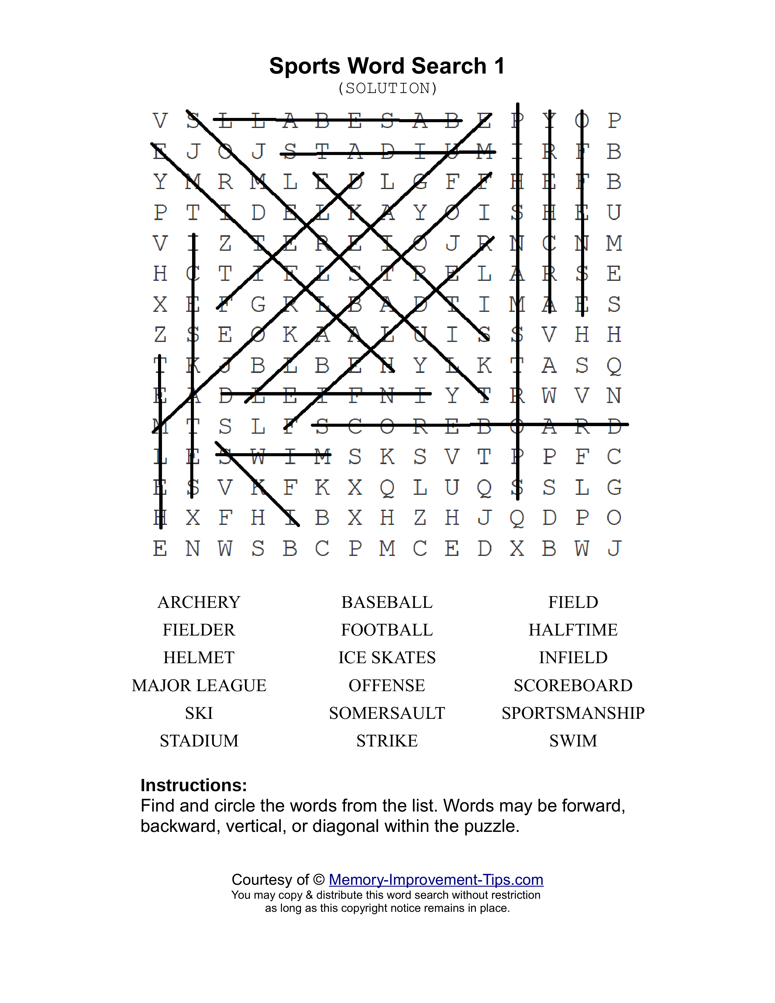Sports 1 word search printable solution