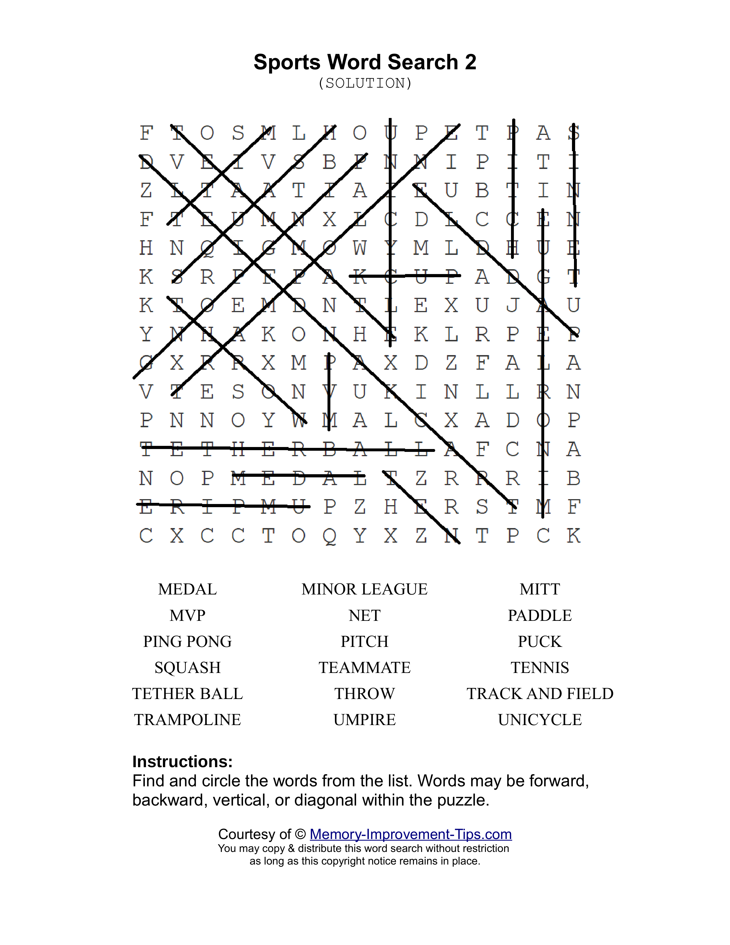 Sports 2 word search printable solution