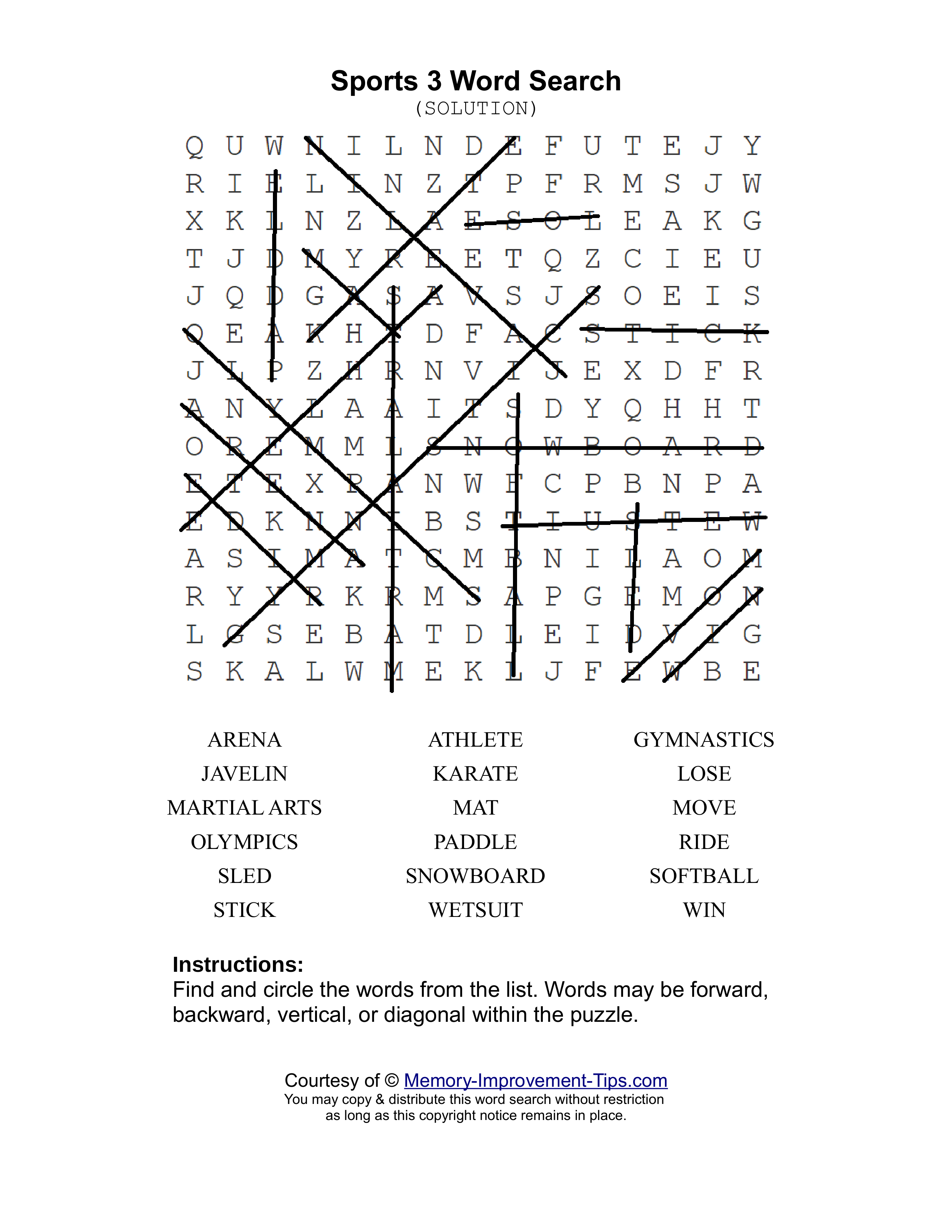 Sports 3 word search printable solution