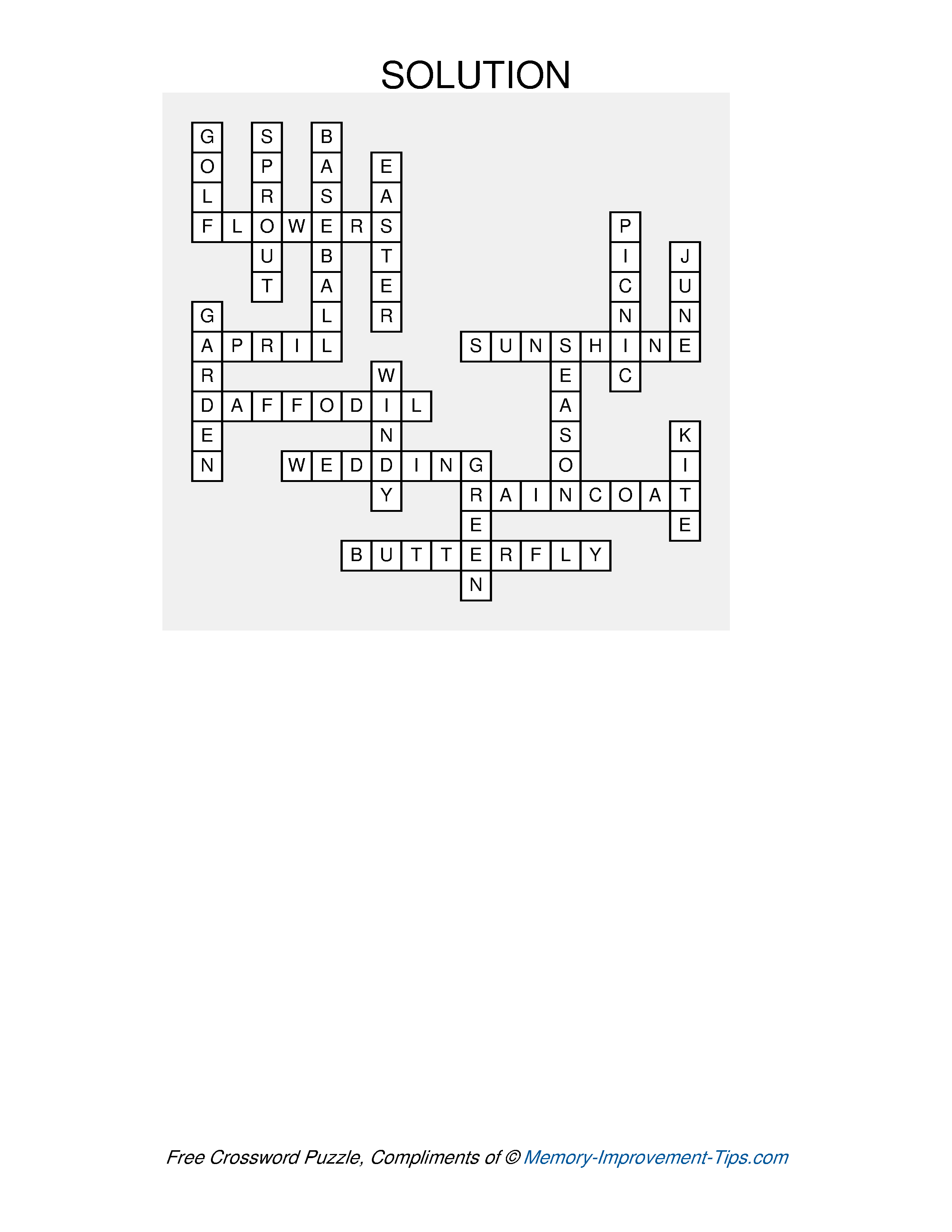 Answer key for the Spring Crossword Puzzle