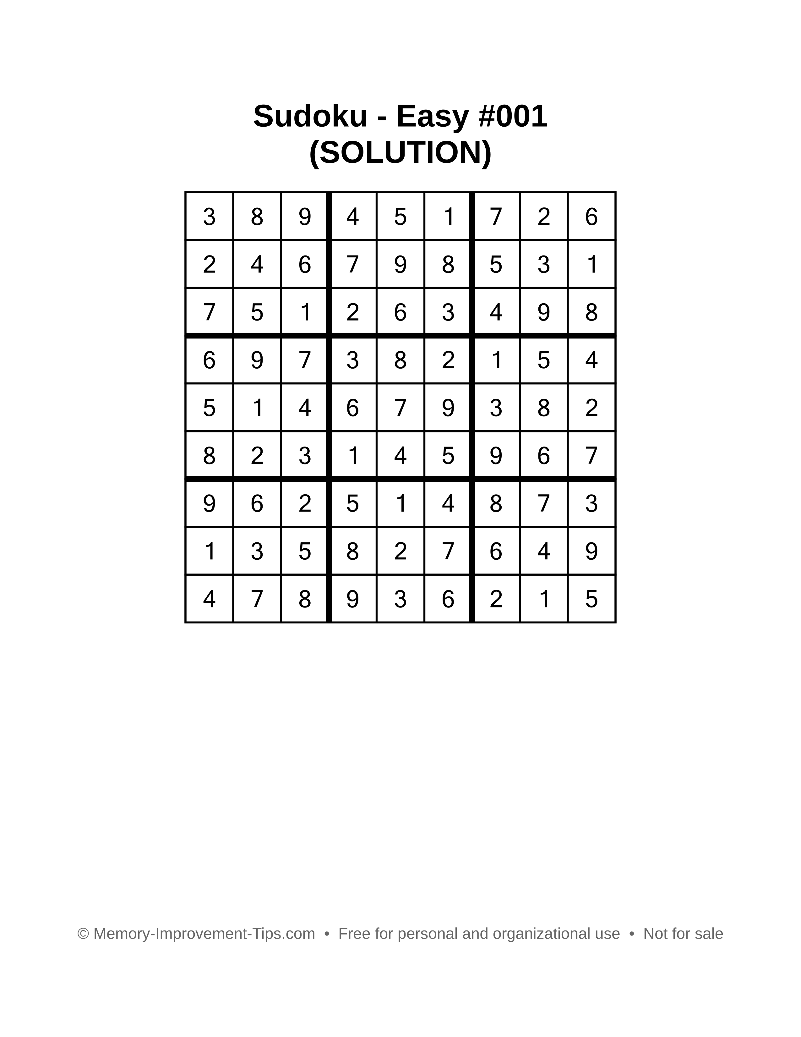 Printable Sudoku solution Easy #001