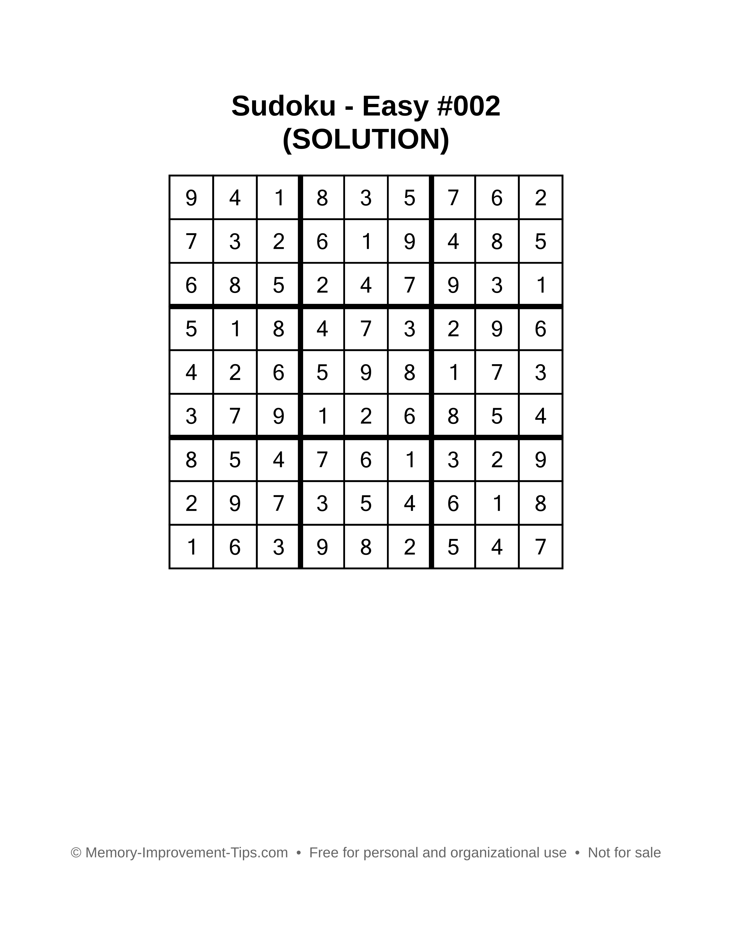 Printable Sudoku solution Easy #002