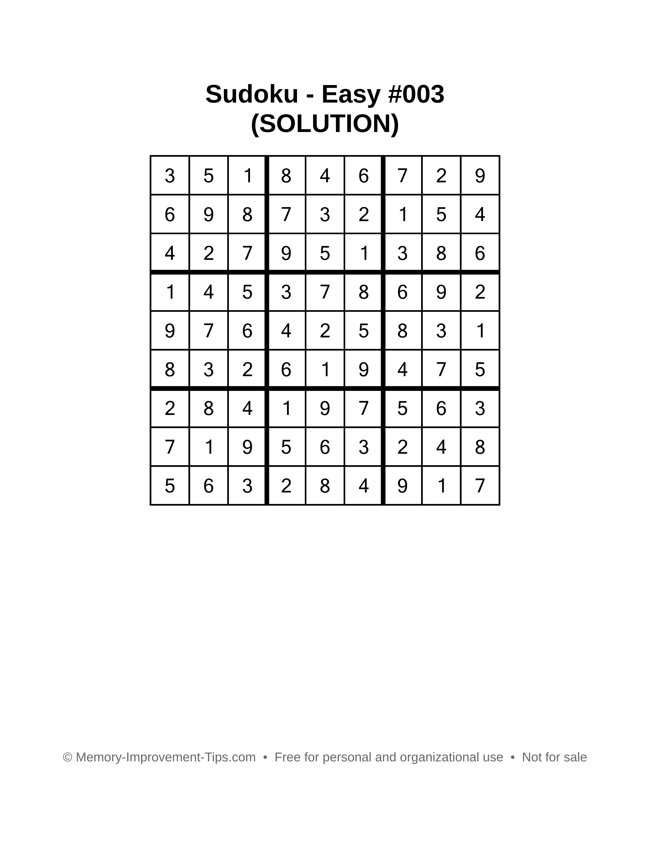 Printable Sudoku solution Easy #003