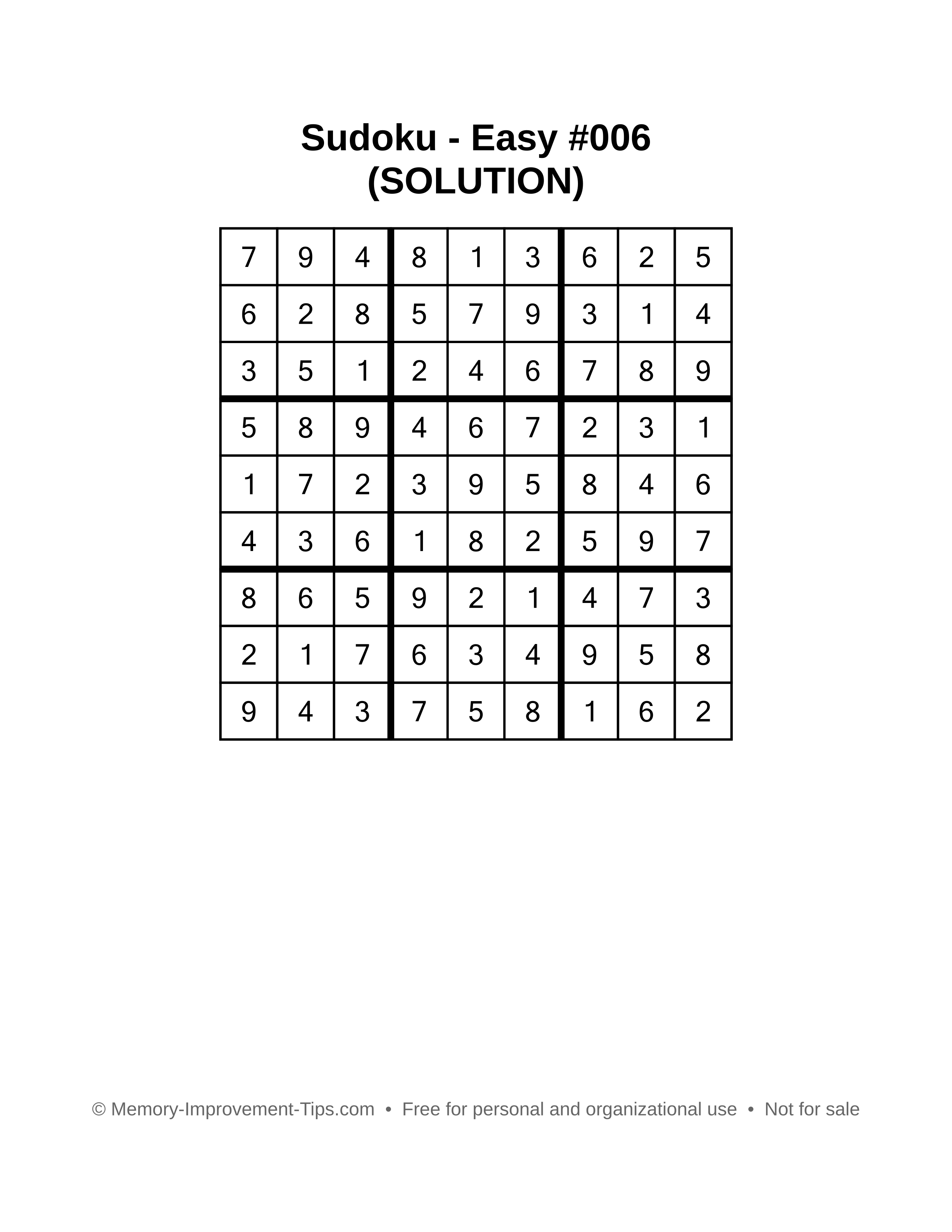 Printable Sudoku solution Easy #006